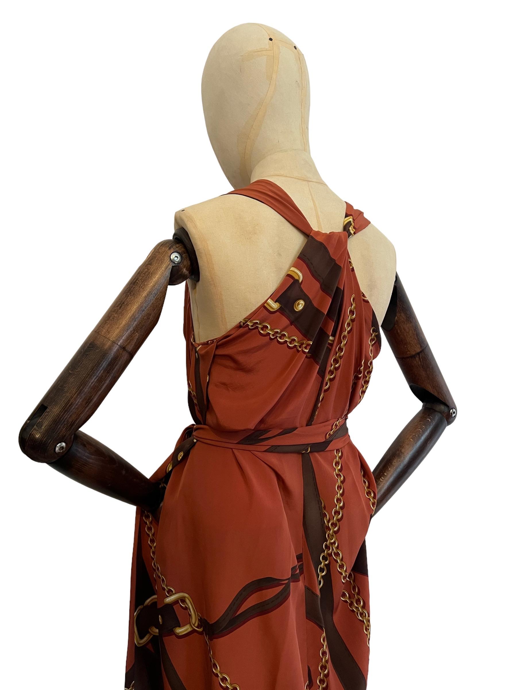 Vintage GUCCI 2011 Pure Silk Copper & Gold Chain Print Kaftan Shift Dress For Sale 6