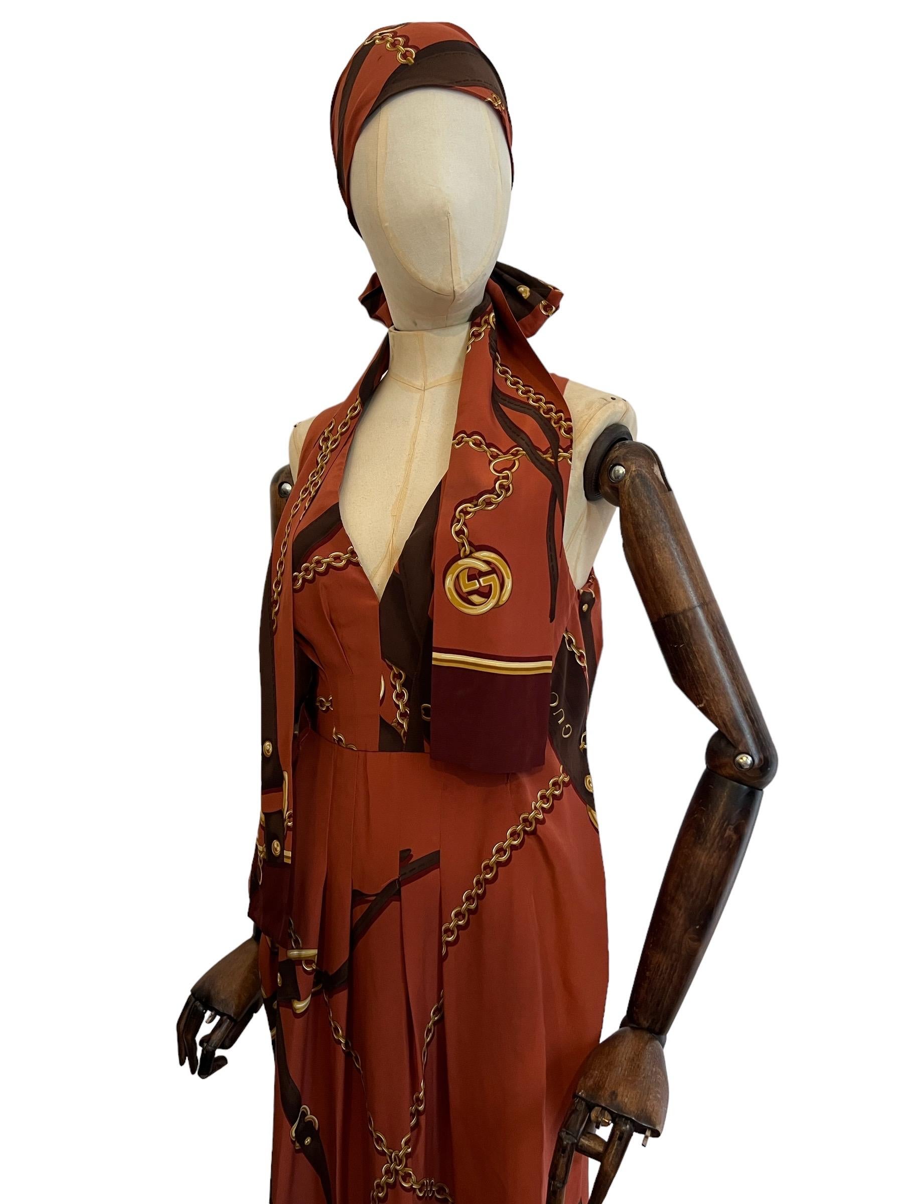 Vintage GUCCI 2011 Pure Silk Copper & Gold Chain Print Kaftan Shift Dress For Sale 7