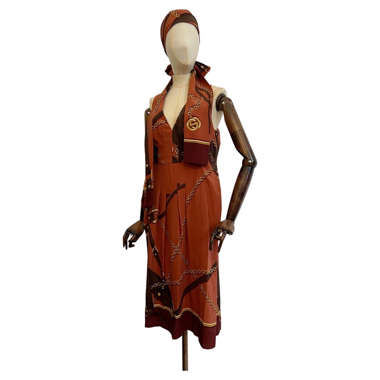 Vintage GUCCI 2011 Pure Silk Copper and Gold Chain Print Kaftan Shift Dress  at 1stDibs