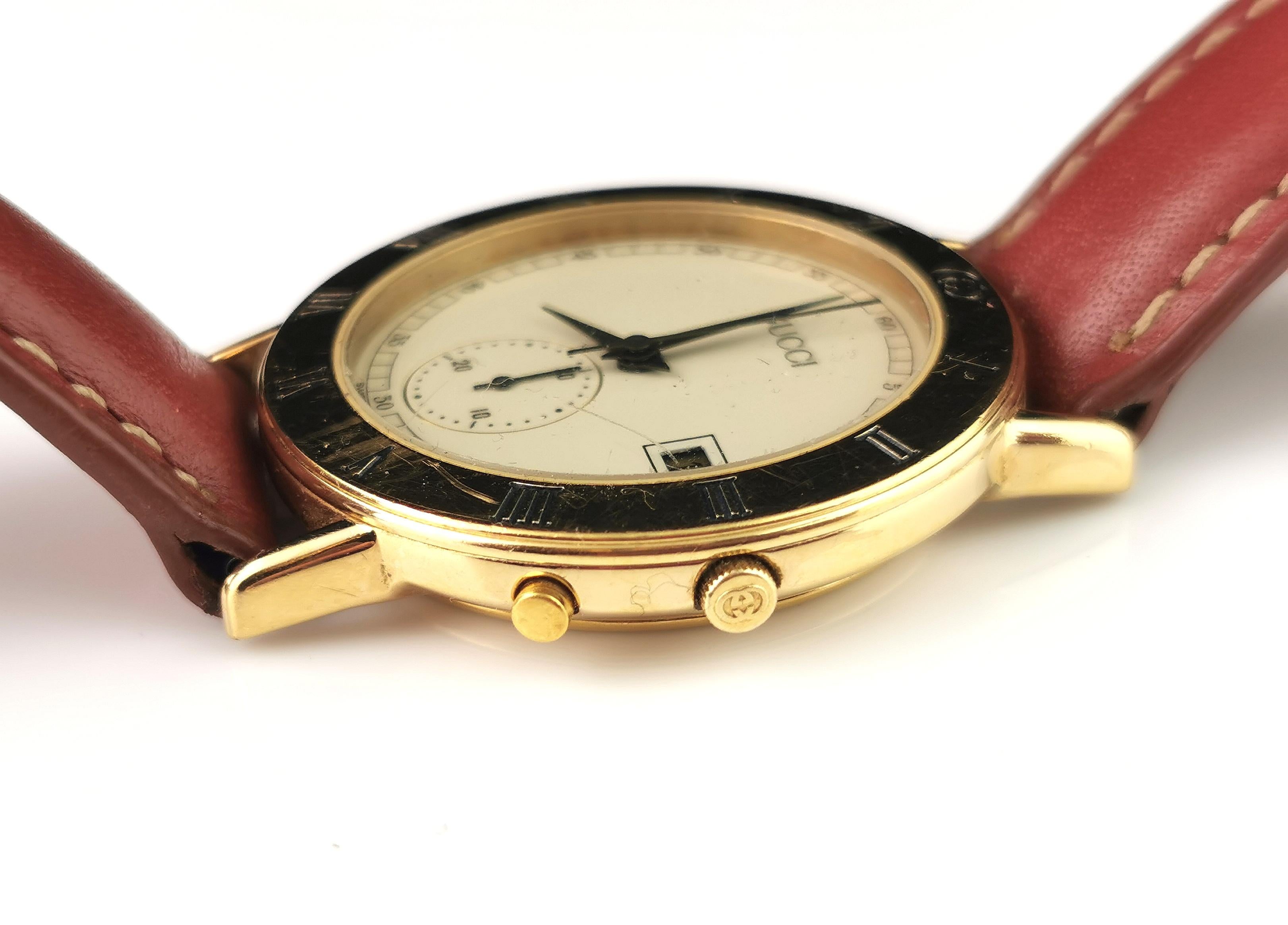 Vintage Gucci 3800m Gold plated Chronograph watch, leather strap 5