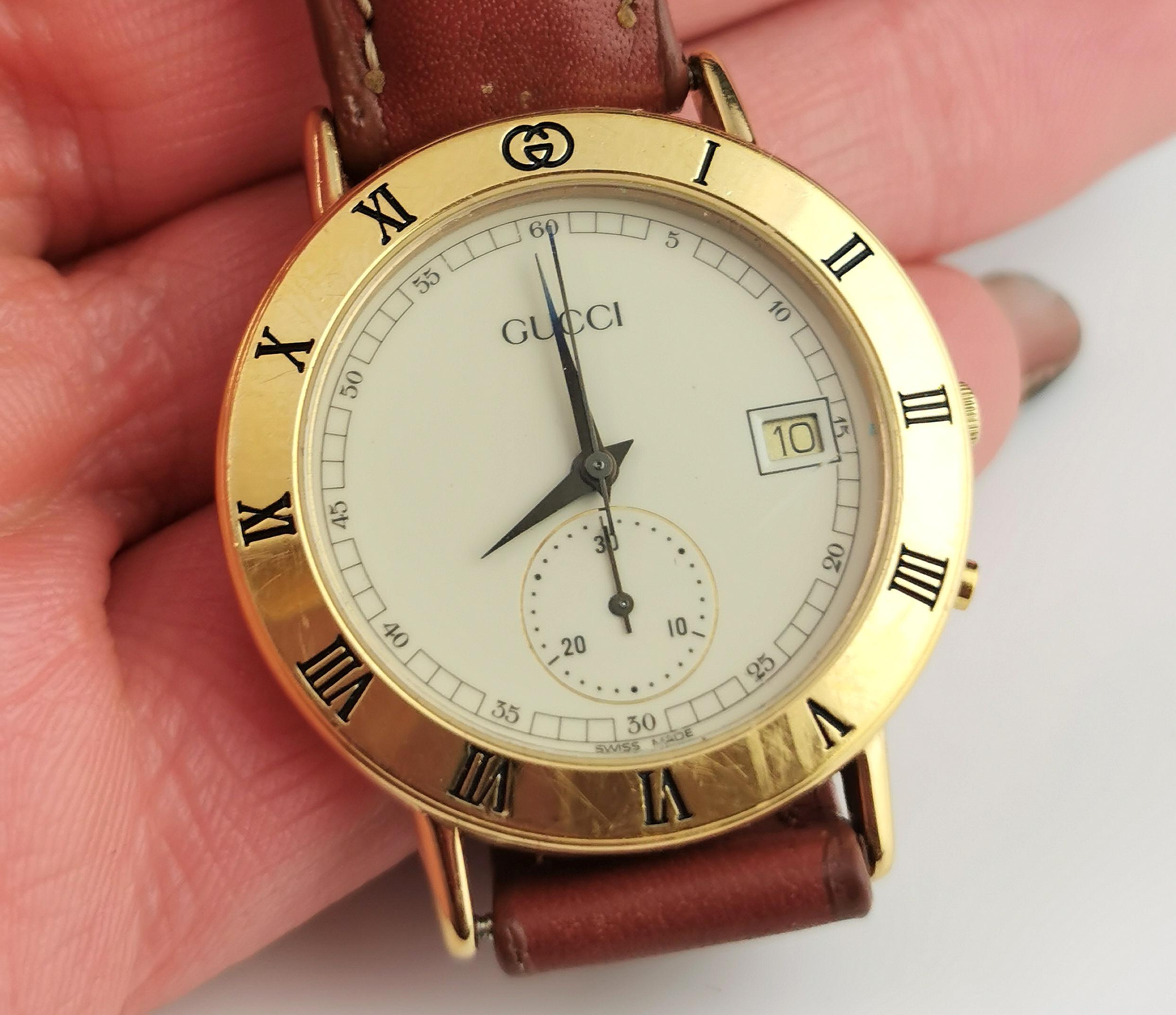 Vintage Gucci 3800m Gold plated Chronograph watch, leather strap 3