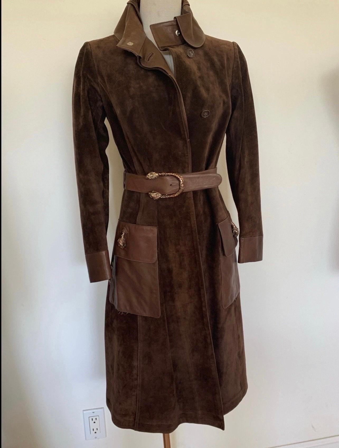Vintage Gucci 70s Brown Suede Enamel Tiger Head Trench Coat For Sale 5