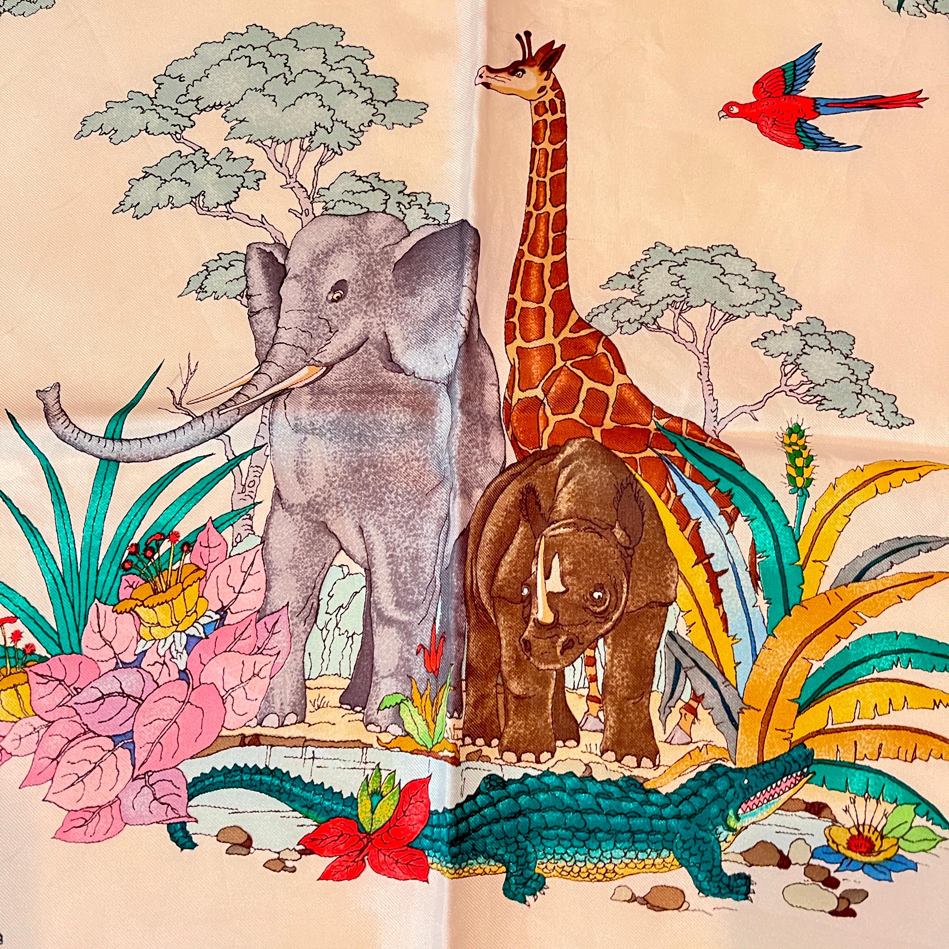 Soie Gucci Accornero - Écharpe en soie imprimée d'animaux africains, années 1970, Italie en vente