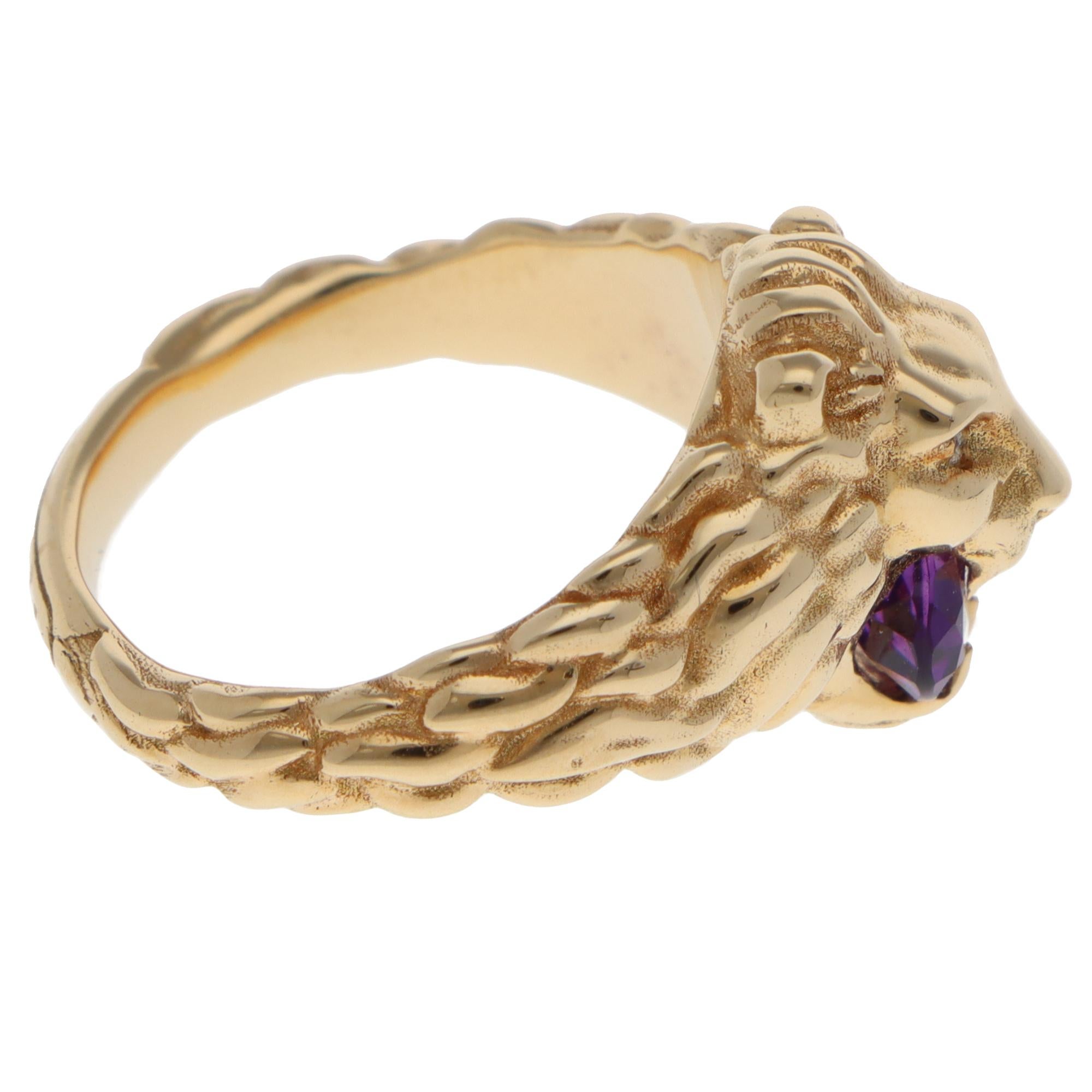 Vintage Gucci Amethyst und Diamant Löwenkopf Ring in Gelbgold (Moderne) im Angebot