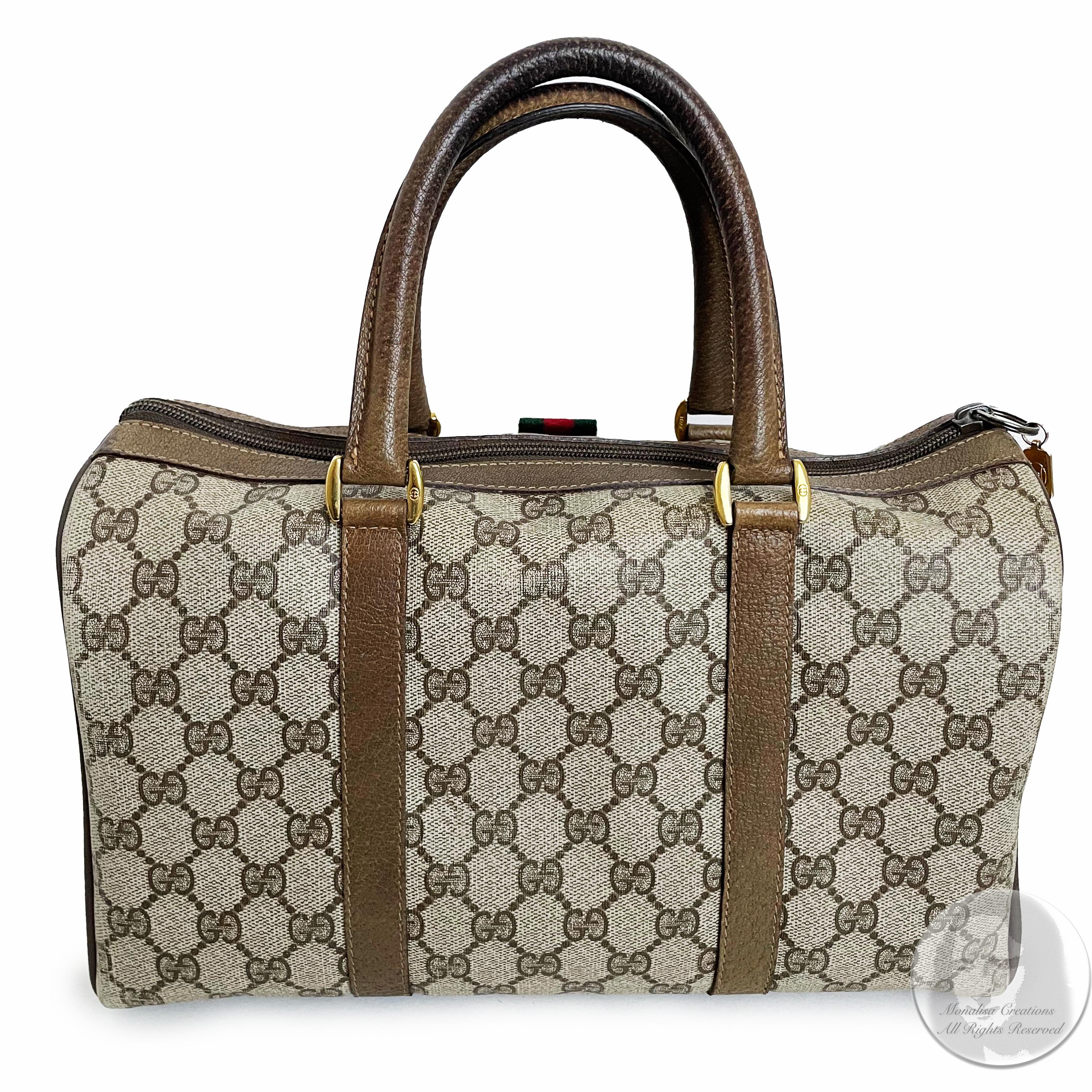 Women's or Men's Vintage Gucci Bag Boston Speedy Brown GG Logo Canvas and Leather Trim with COA