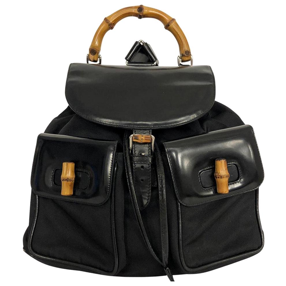 Vintage Gucci Bamboo Backpack Black - Large Size  For Sale