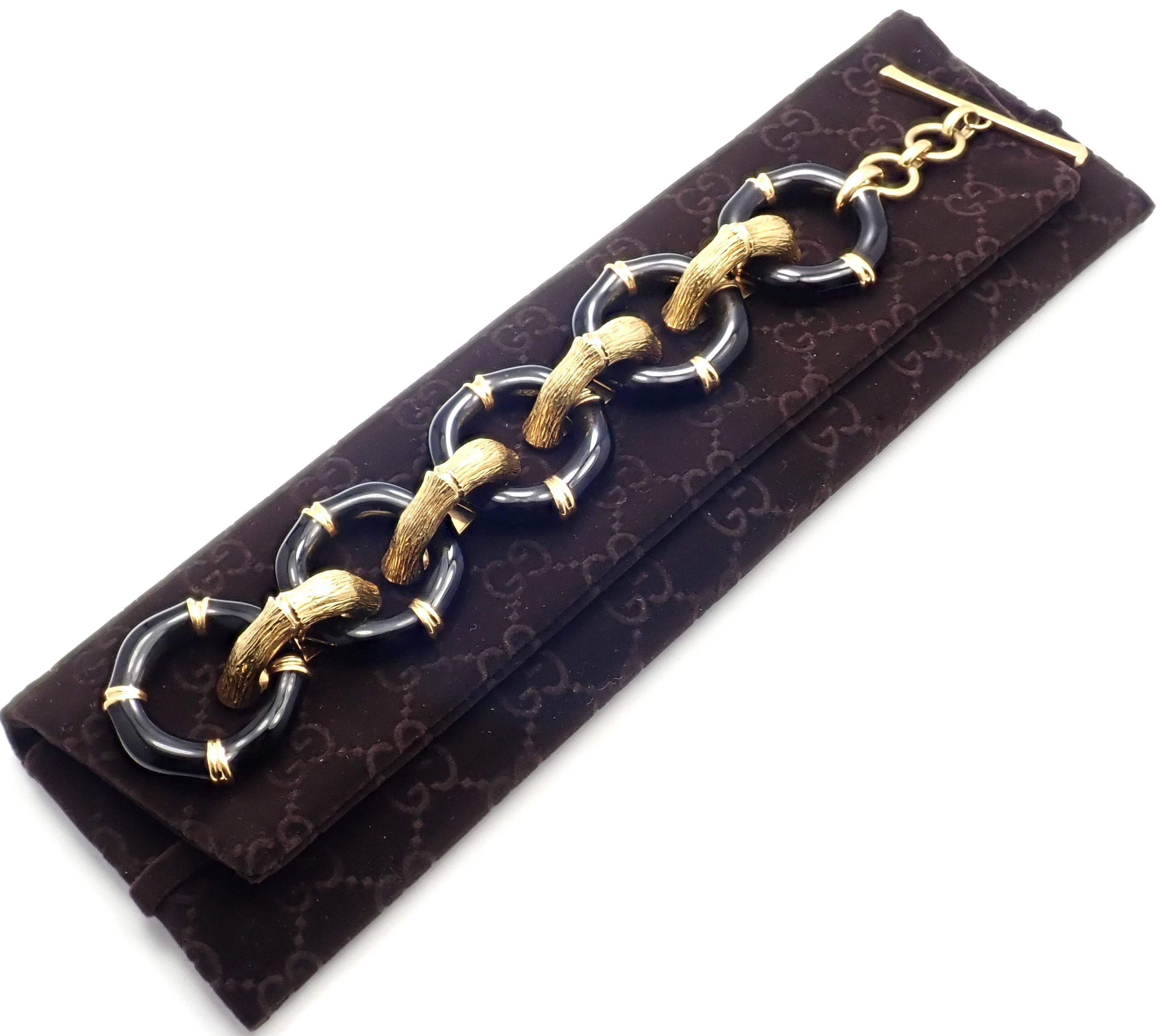 Vintage Gucci Bamboo Black Enamel Yellow Gold Large Link Bracelet 4