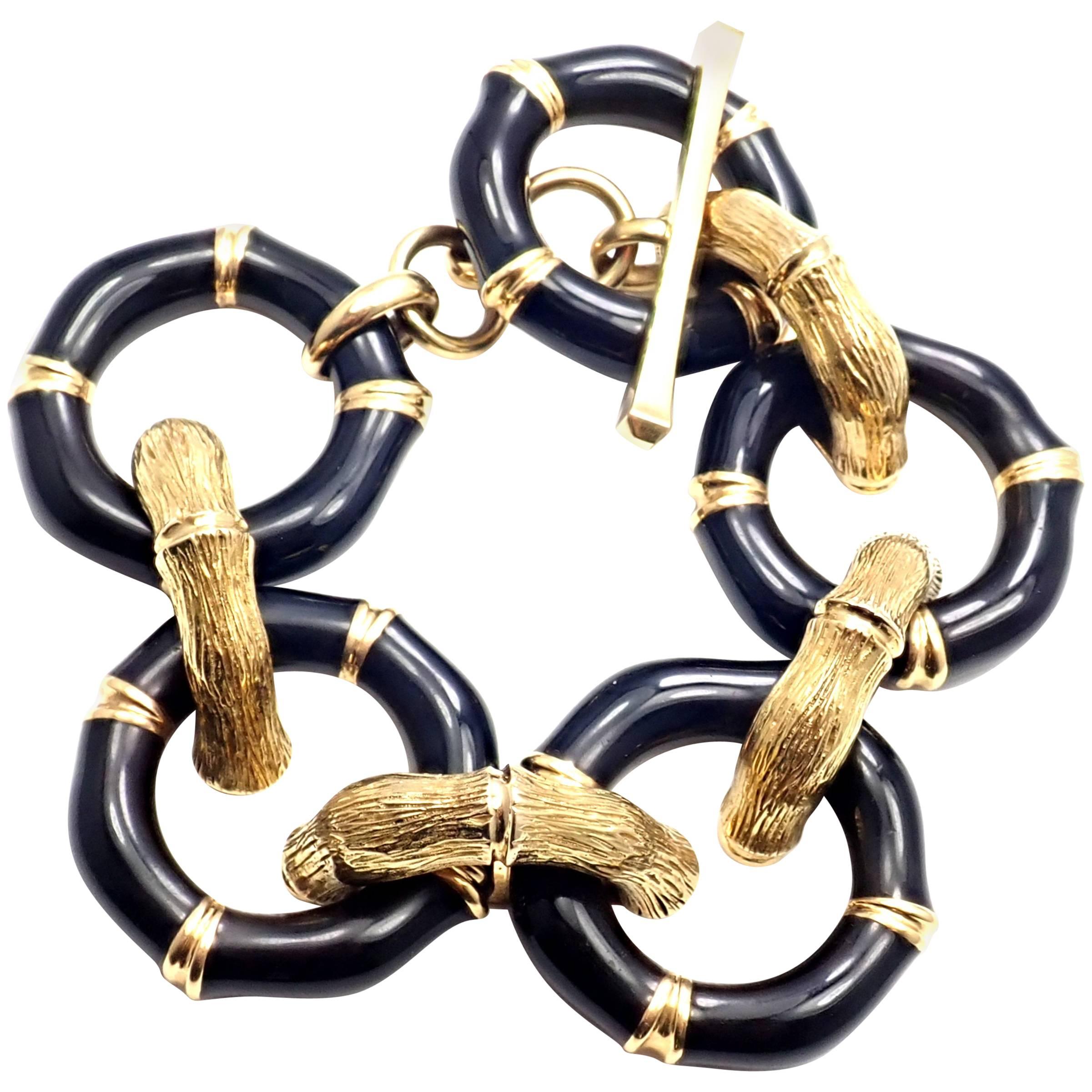 Vintage Gucci Bamboo Black Enamel Yellow Gold Large Link Bracelet