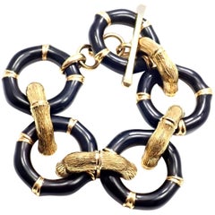 Vintage Gucci Bamboo Black Enamel Yellow Gold Large Link Bracelet