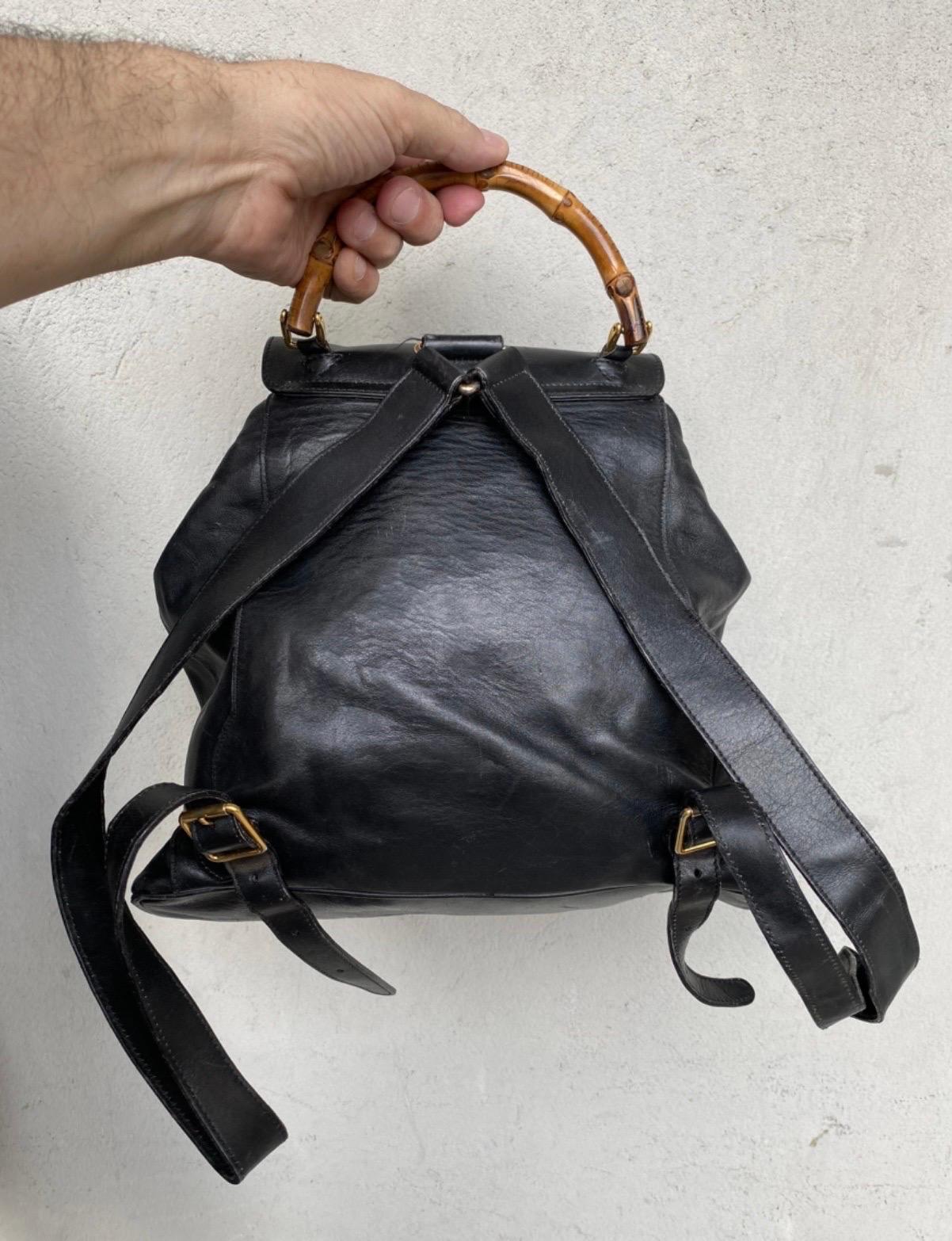 Black Vintage Gucci Bamboo black leather Backpack For Sale