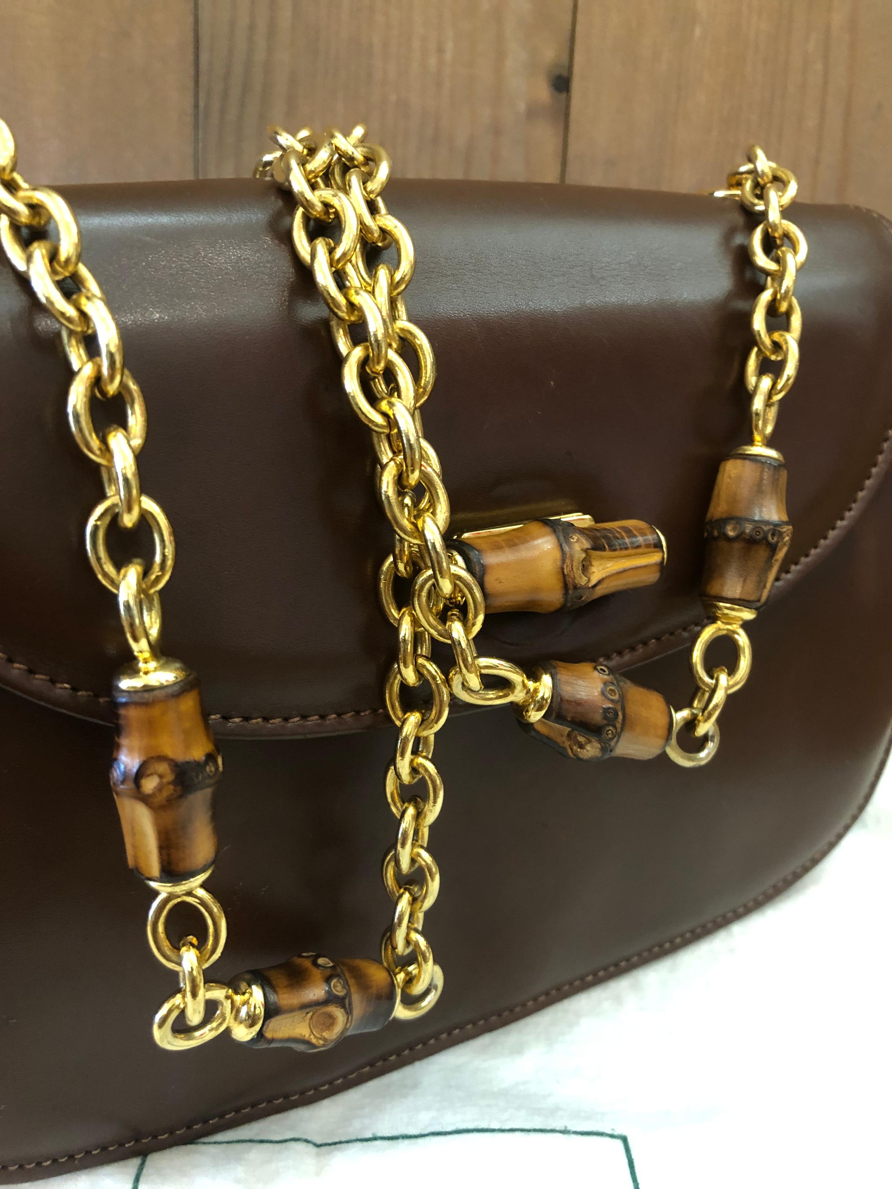 1990s Vintage GUCCI Bamboo Chain Shoulder Bag Calfskin Leather Brown For Sale 7