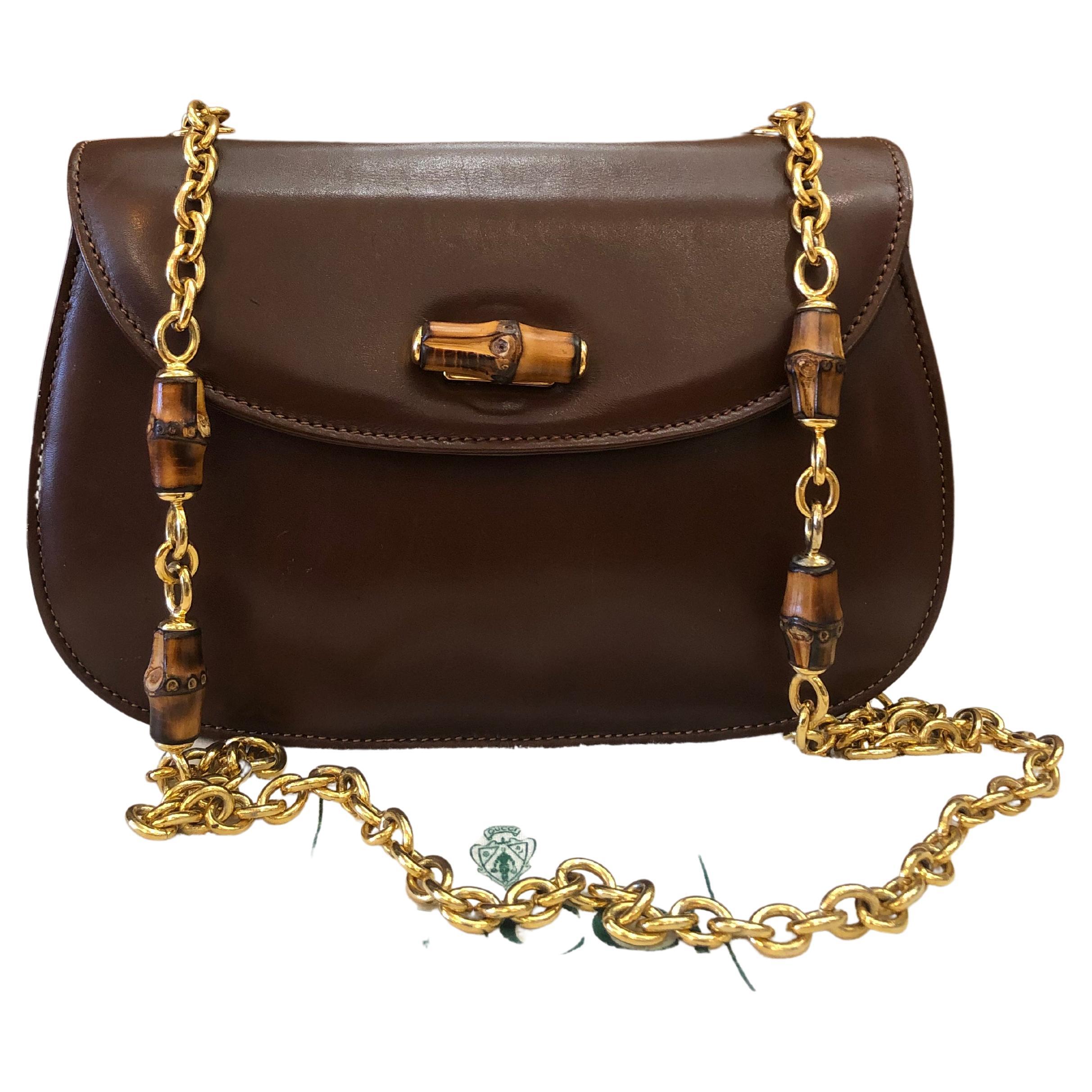 1990s Vintage GUCCI Bamboo Chain Shoulder Bag Calfskin Leather Brown For Sale