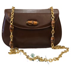 1990 Vintage GUCCI Bamboo Chain Leather Shoulder Bag Brown