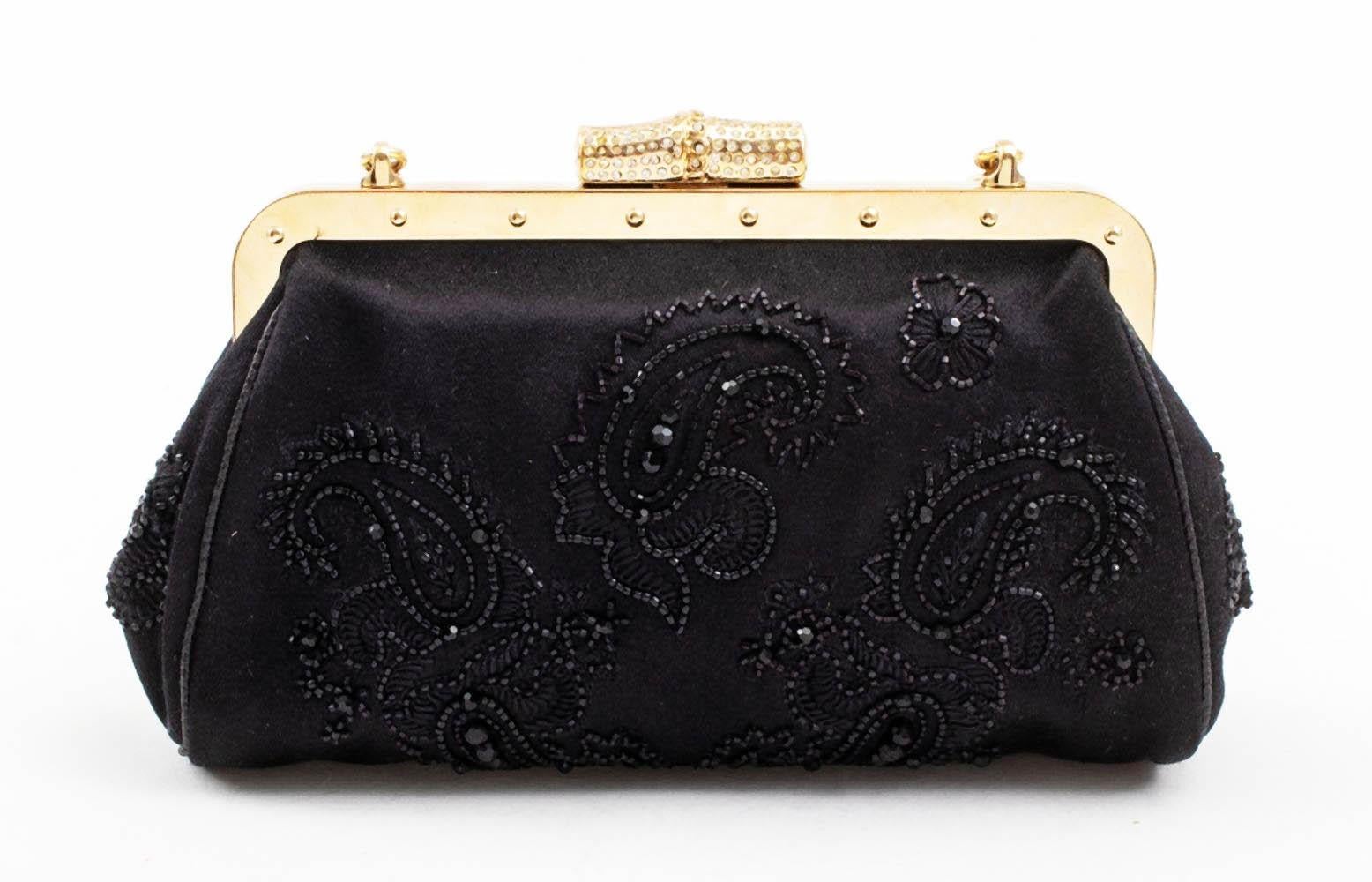 Vintage Gucci Bamboo Crystal Embellished Black Satin Beaded Mini Evening Bag In Excellent Condition For Sale In Montgomery, TX