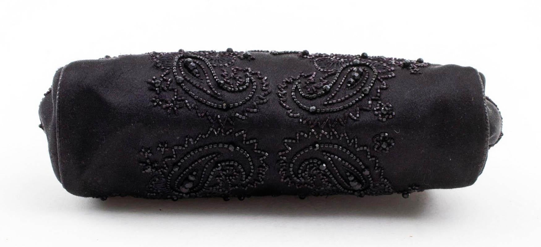 Women's Vintage Gucci Bamboo Crystal Embellished Black Satin Beaded Mini Evening Bag For Sale