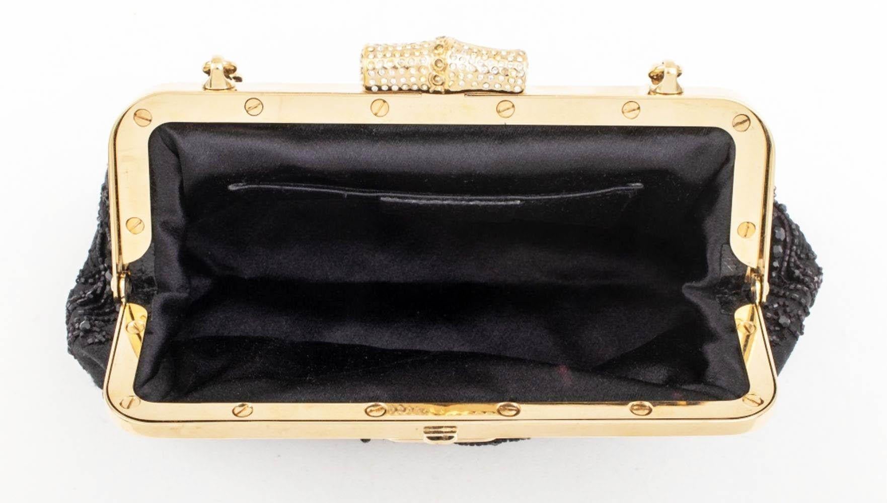 Vintage Gucci Bamboo Crystal Embellished Black Satin Beaded Mini Evening Bag For Sale 1