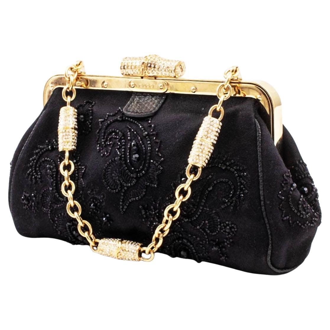 Vintage Gucci Bamboo Crystal Embellished Black Satin Beaded Mini Evening Bag For Sale