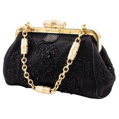 Vintage Gucci Bamboo Crystal Embellished Black Satin Beaded Mini Evening Bag