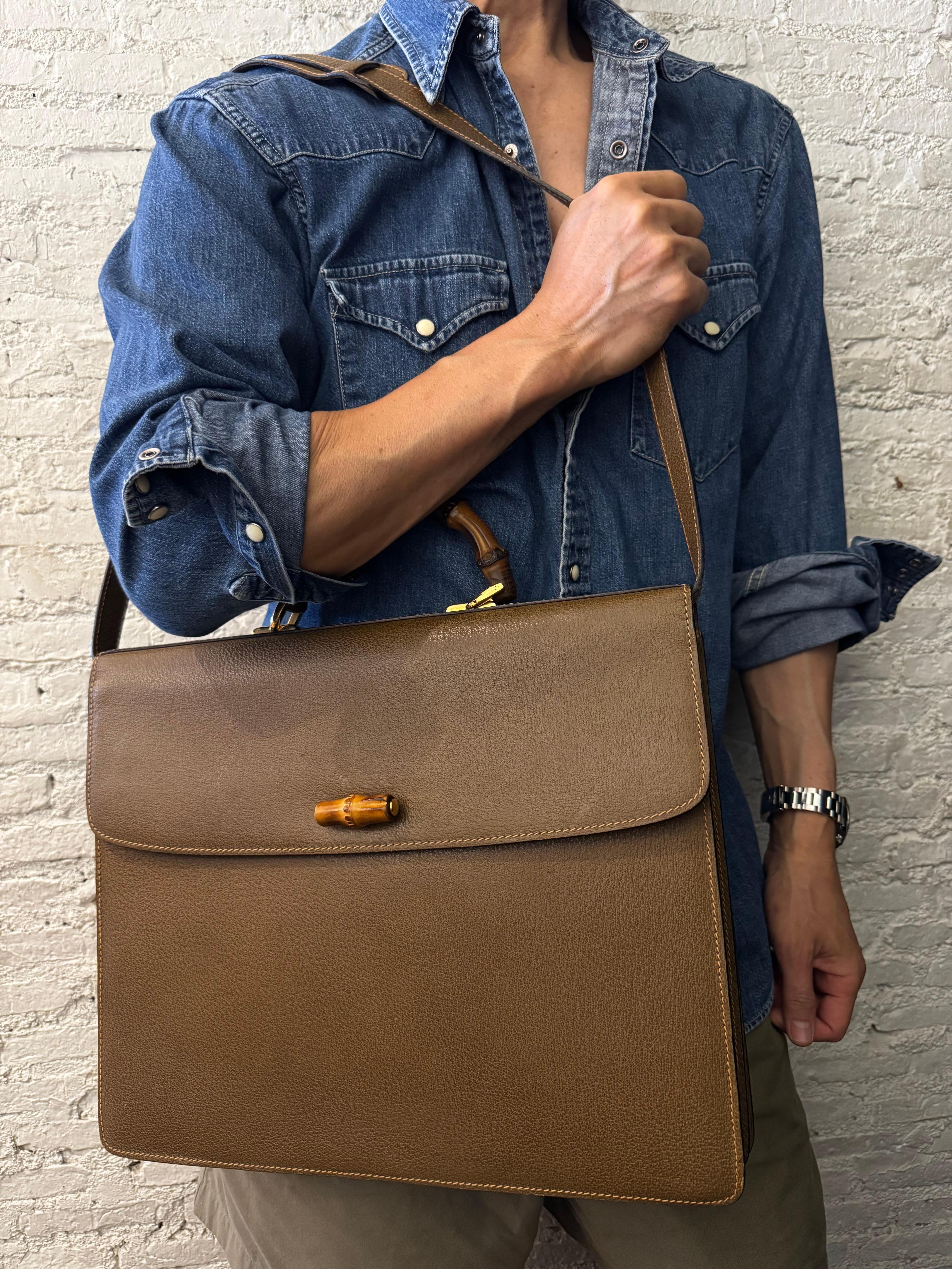 Vintage GUCCI Bamboo Document Tote Bag Briefcase Pigskin Leather Green/Brown For Sale 7