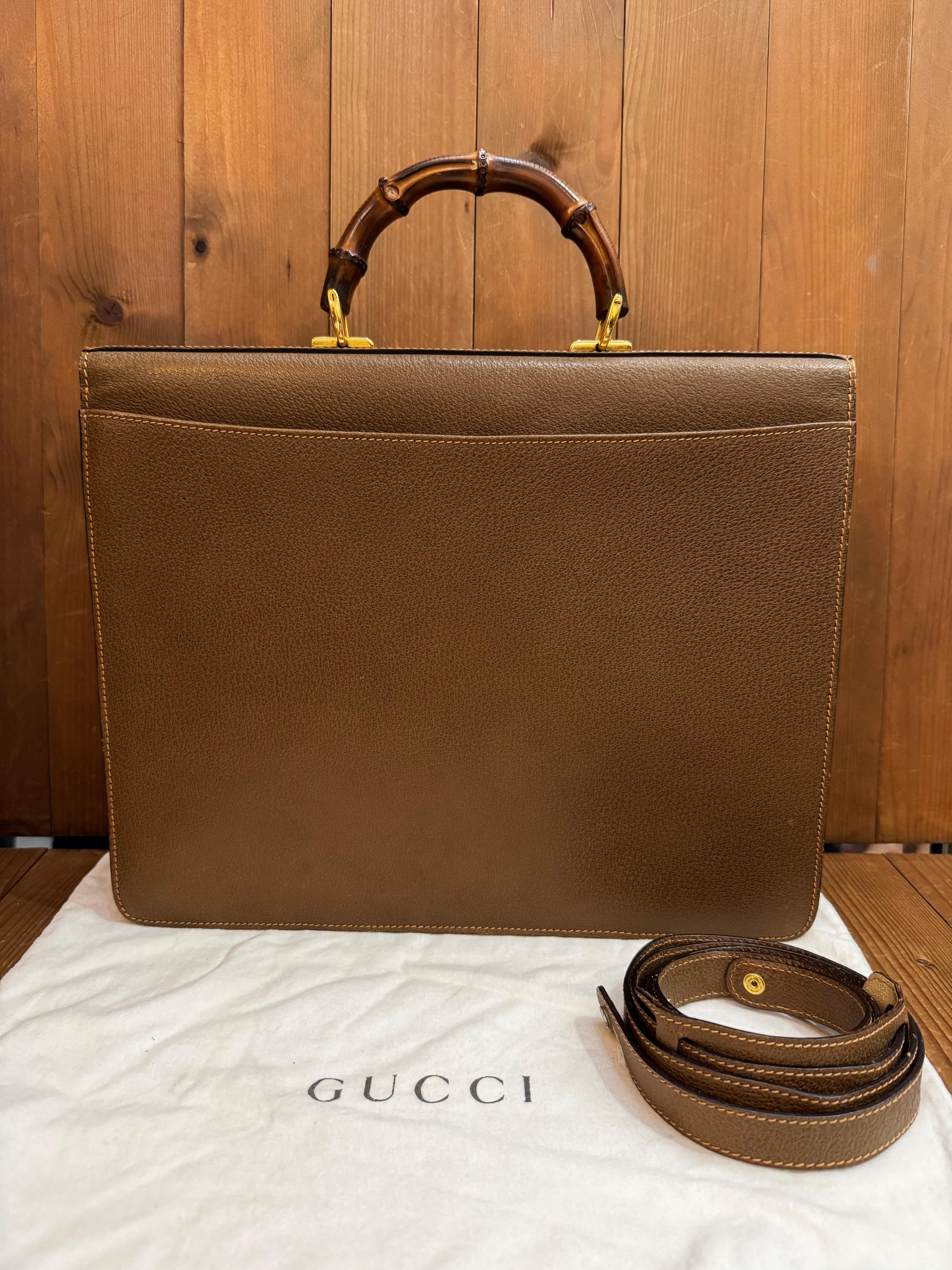 Vintage GUCCI Bamboo Document Tote Bag Briefcase Pigskin Leather Green/Brown In Good Condition For Sale In Bangkok, TH