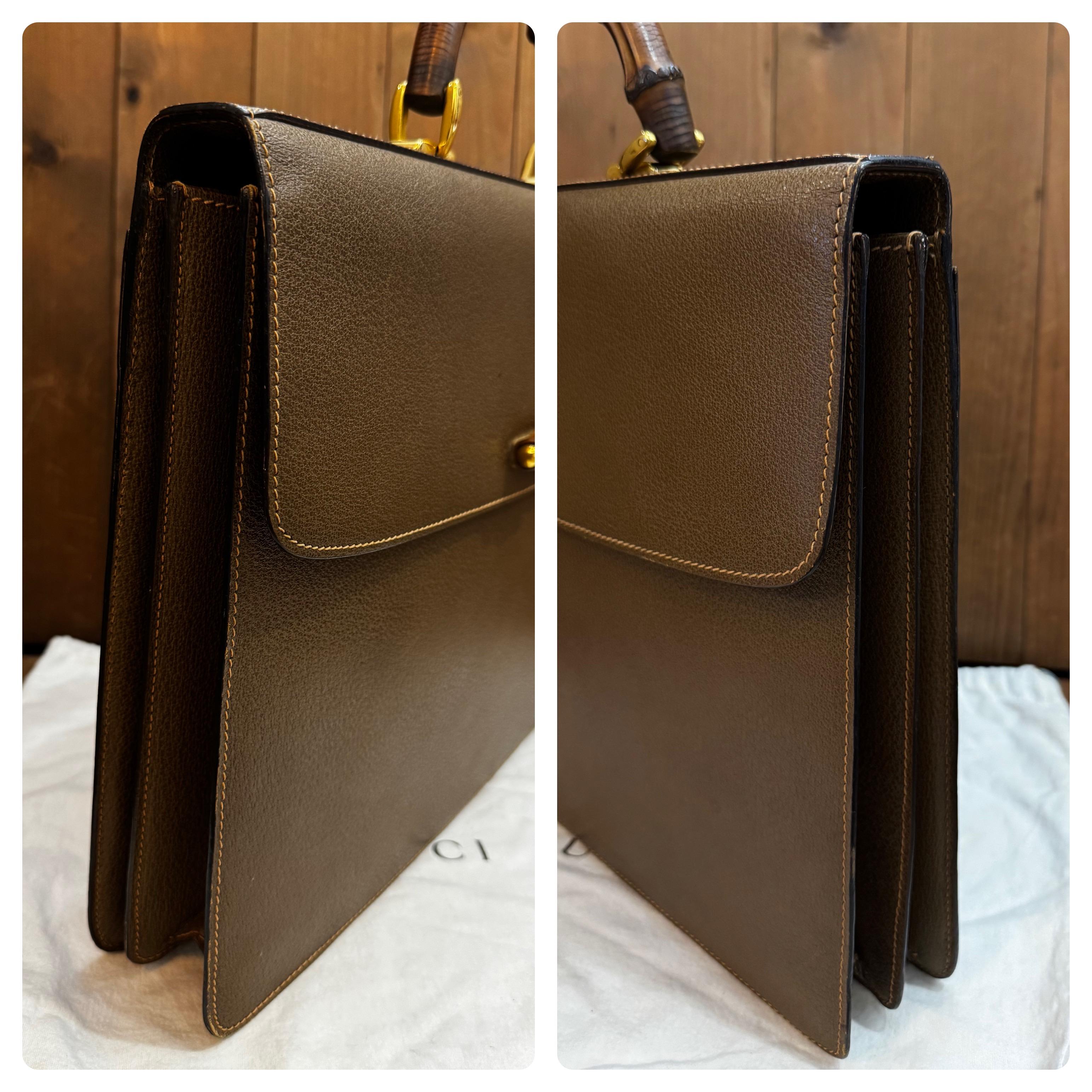 Vintage GUCCI Bamboo Document Tote Bag Briefcase Pigskin Leather Green/Brown For Sale 3