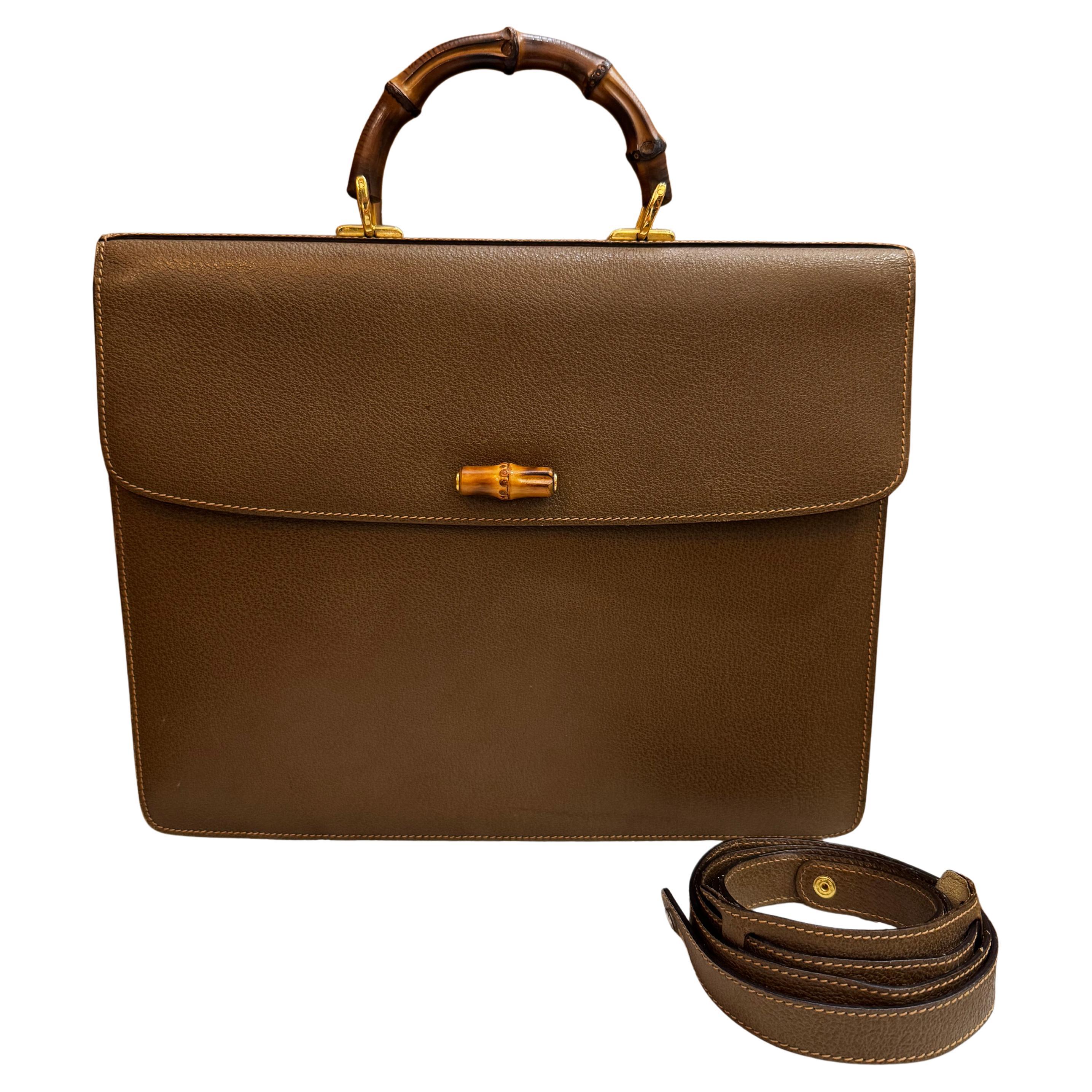 Vintage GUCCI Bamboo Document Tote Bag Briefcase Pigskin Leather Green/Brown