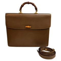 Vintage GUCCI Bamboo Document Tote Bag Briefcase Pigskin Leather Green/Brown