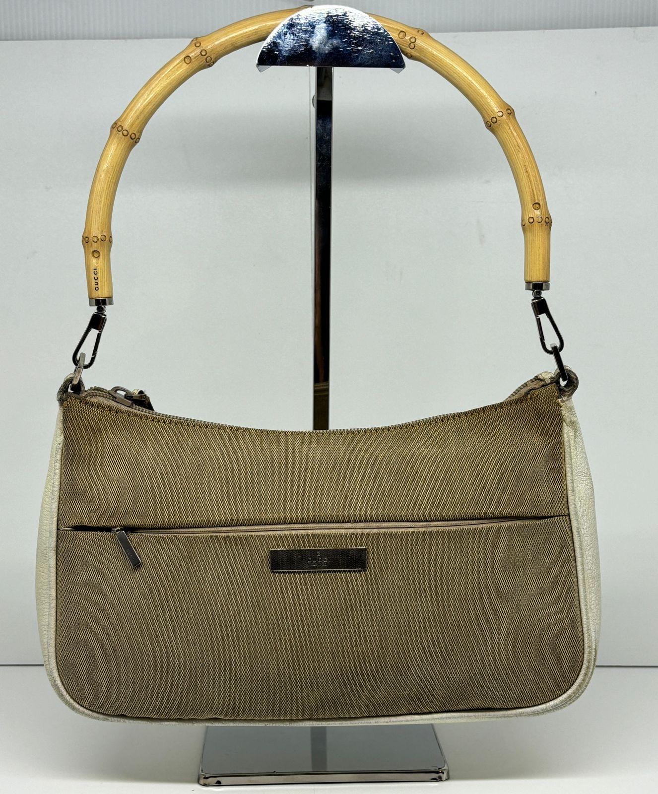Vintage Gucci Bamboo Handle Beige Pochette For Sale 8