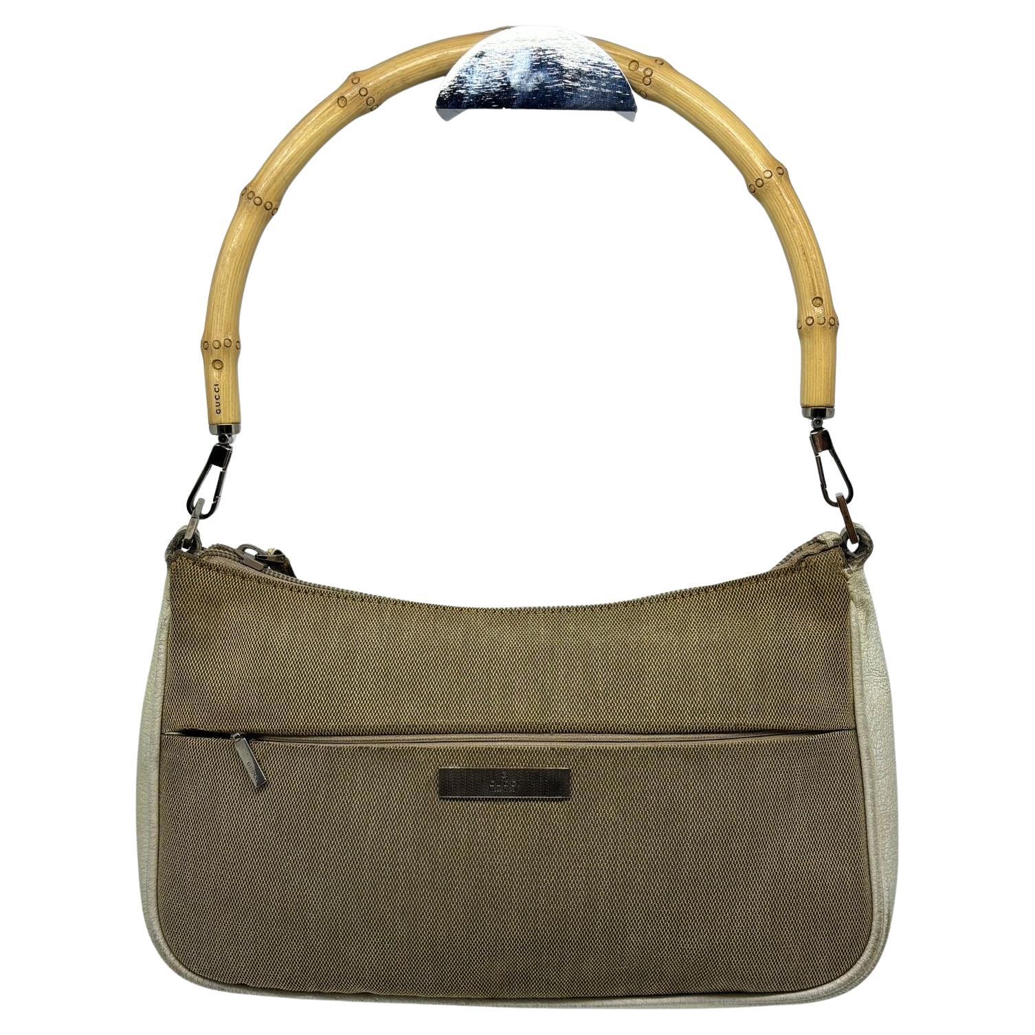 Vintage Gucci Bamboo Handle Beige Pochette For Sale