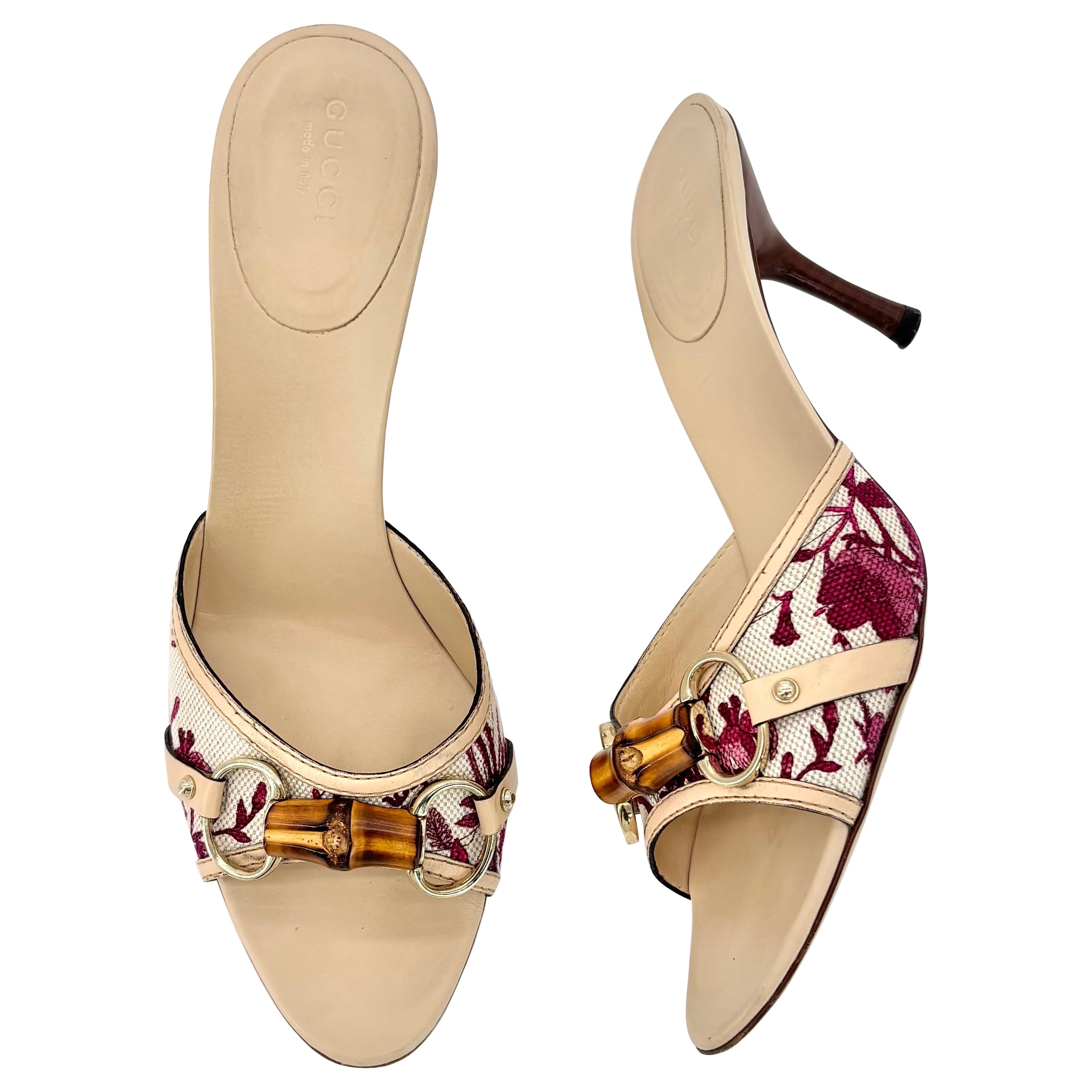 Vintage Gucci Bamboo Horsebit Floral Print Slip On Kitten Heel Mules Slides 9
