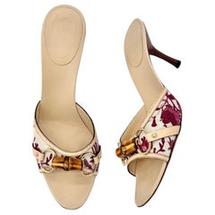 Vintage Gucci Bamboo Horsebit Floral Print Slip On Kitten Heel Mules Slides 9