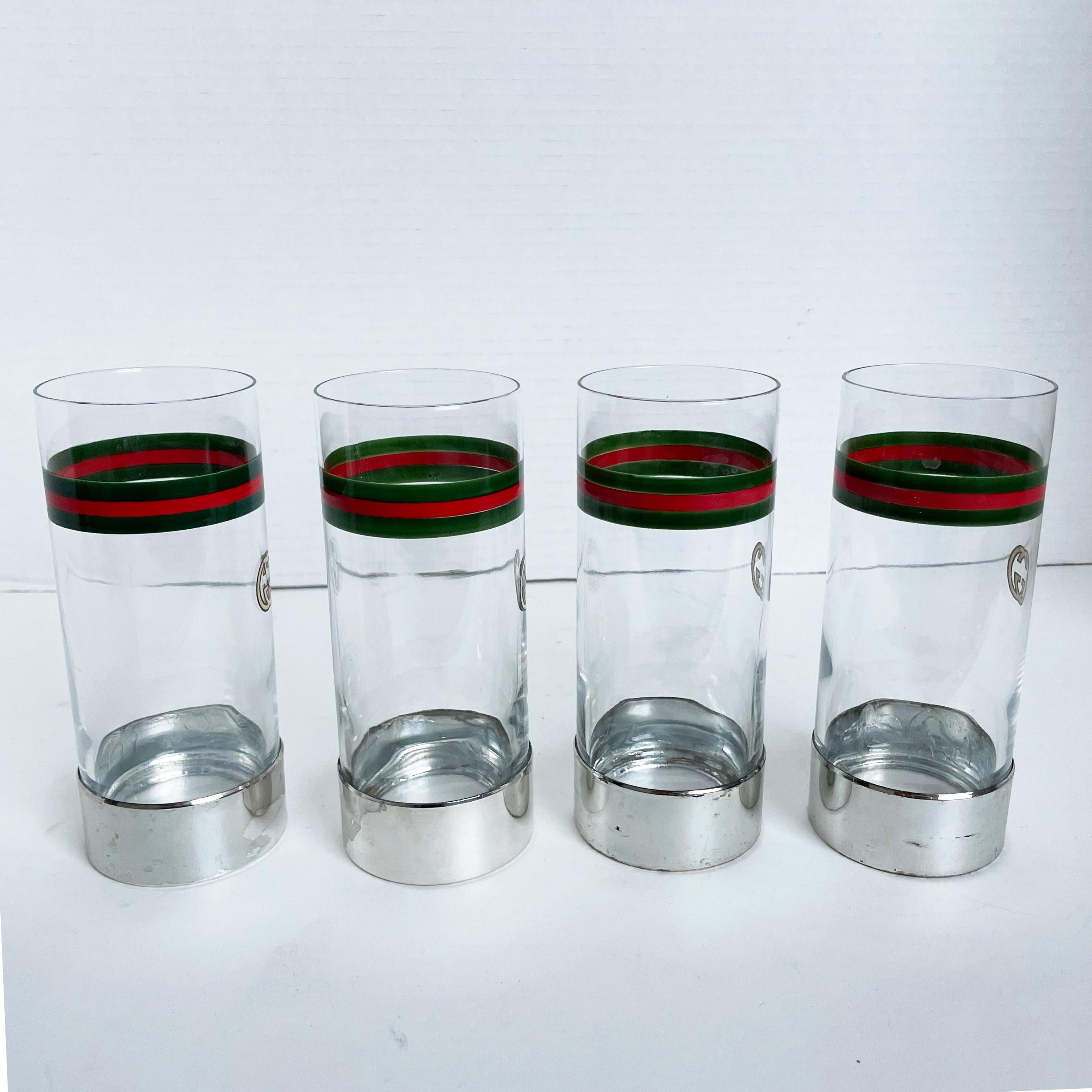Vintage Gucci Barware Set 5pc Pitcher Carafe & High Ball Glasses GG Logo Webbing In Good Condition In Port Saint Lucie, FL
