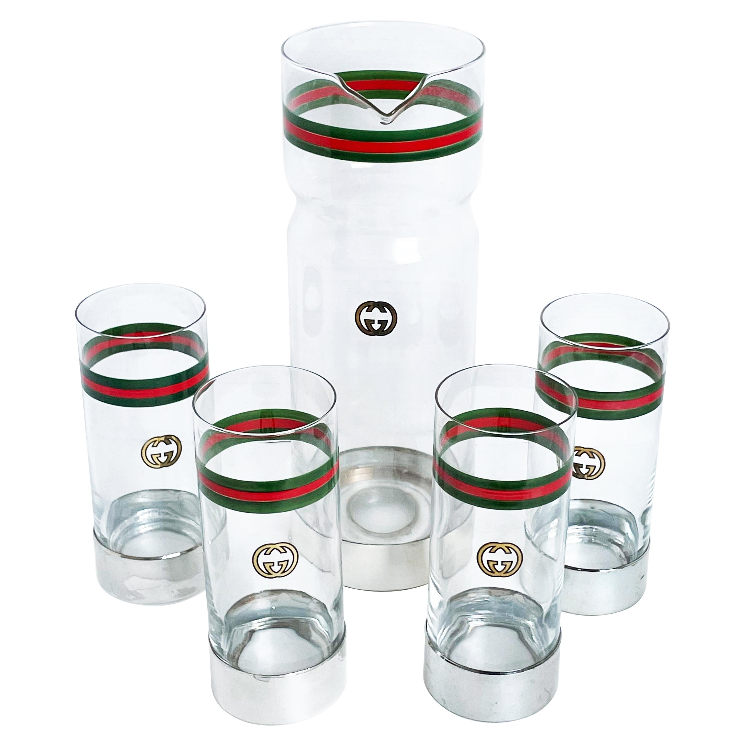 Vintage Gucci Barware Set 5pc Pitcher Carafe & High Ball Glasses GG Logo Webbing