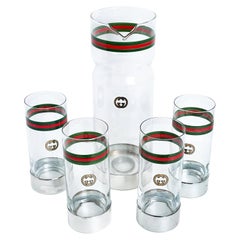 Vintage Gucci Barware Set 5pc Pitcher Karaffe & High Ball Gläser GG Logo Webbing