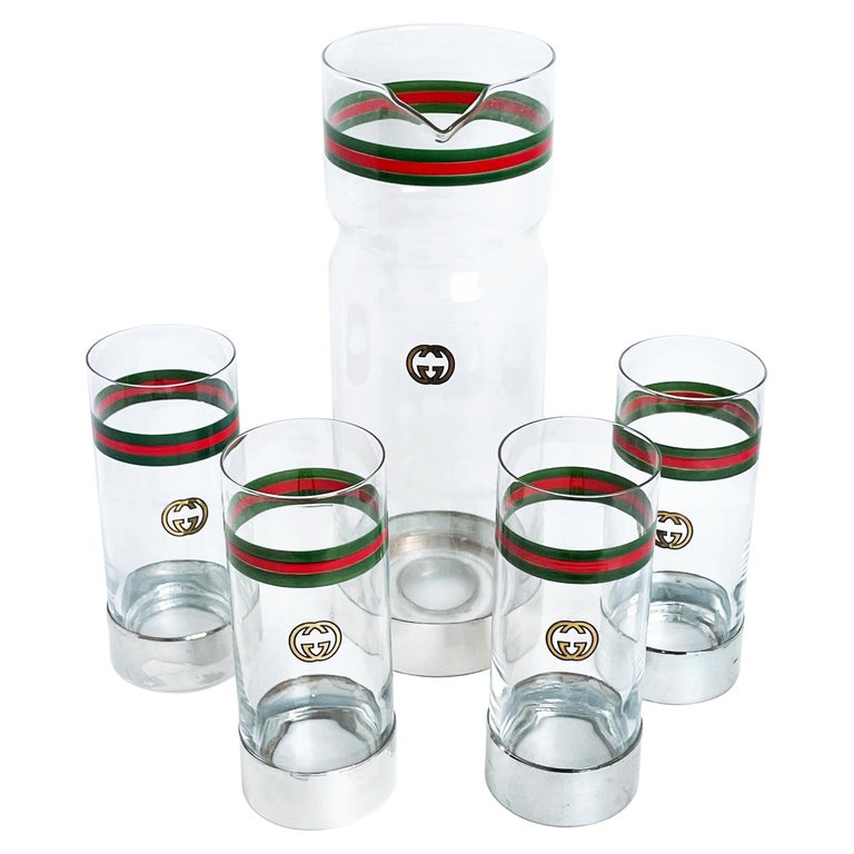 Vintage Gucci Barware Set 5pc Pitcher Carafe and High Ball Glasses GG Logo  Webbing sur 1stDibs