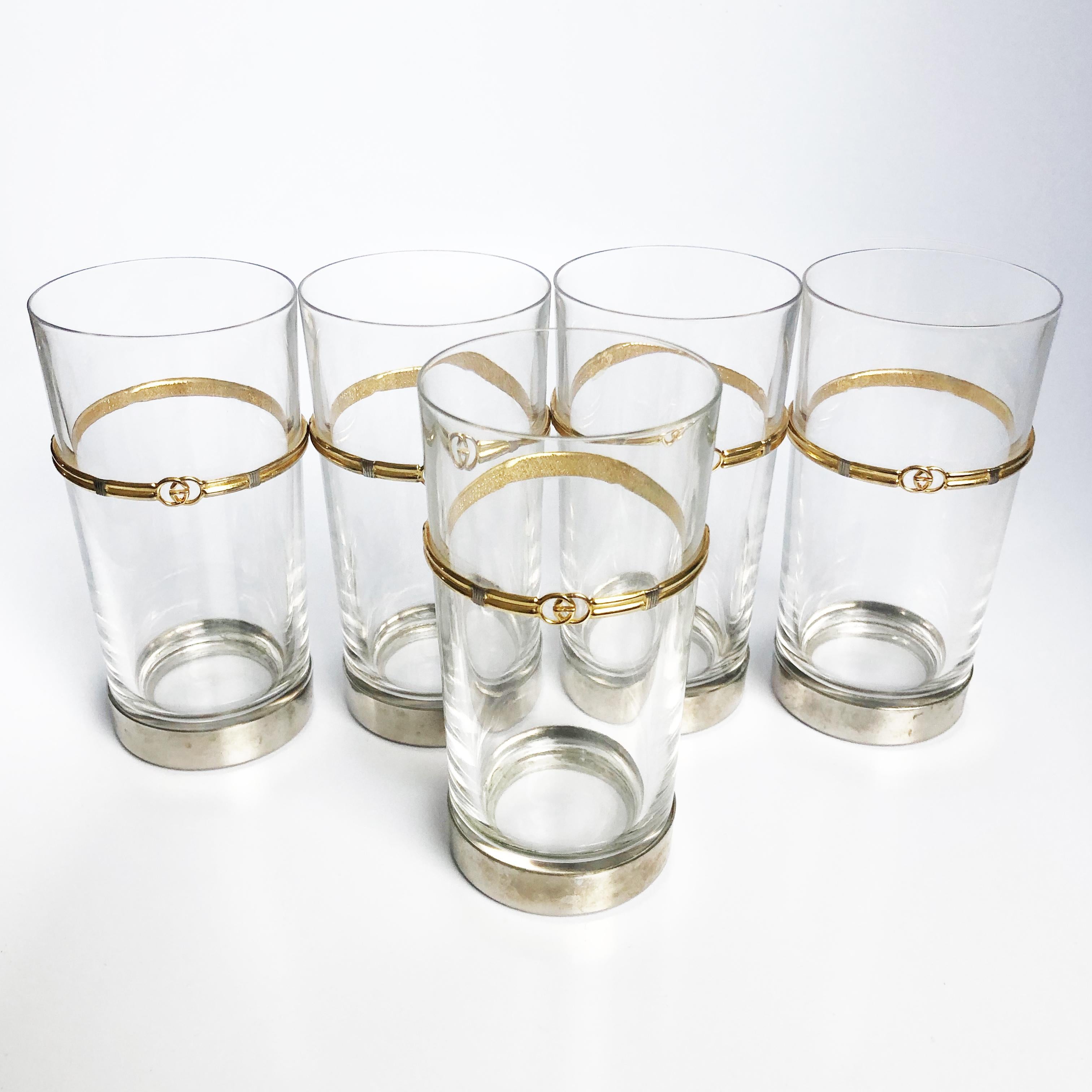 Vintage Gucci Barware Satz von 5 High Ball Gläser Kristall GG Logo im Zustand „Gut“ in Port Saint Lucie, FL