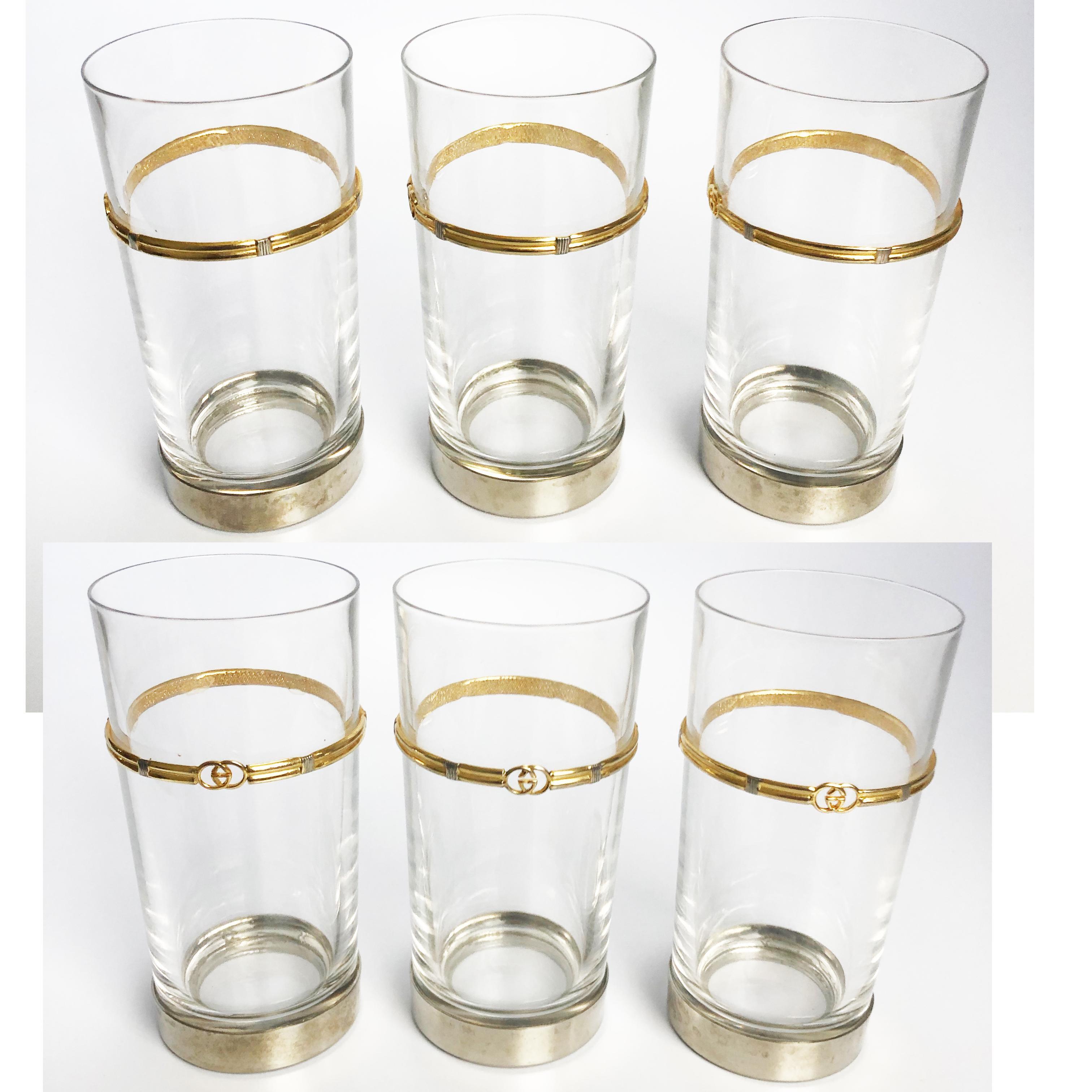 Women's or Men's Vintage Gucci Barware Set of 5 High Ball Glasses Crystal GG Logo 