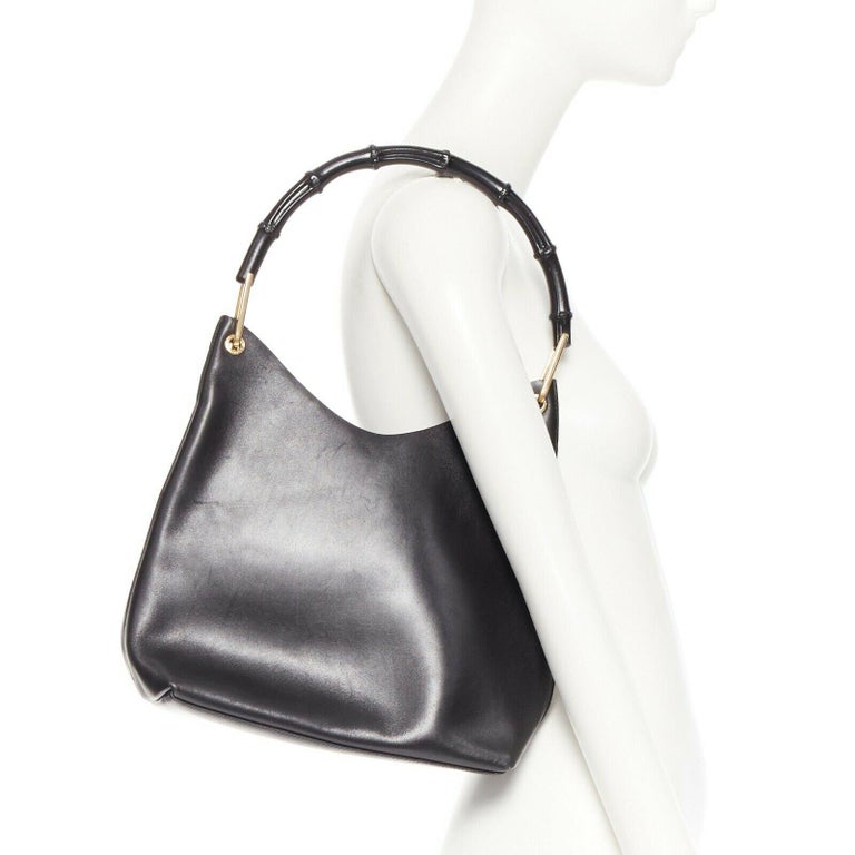 vintage GUCCI black calfskin leather Bamboo handle shoulder 