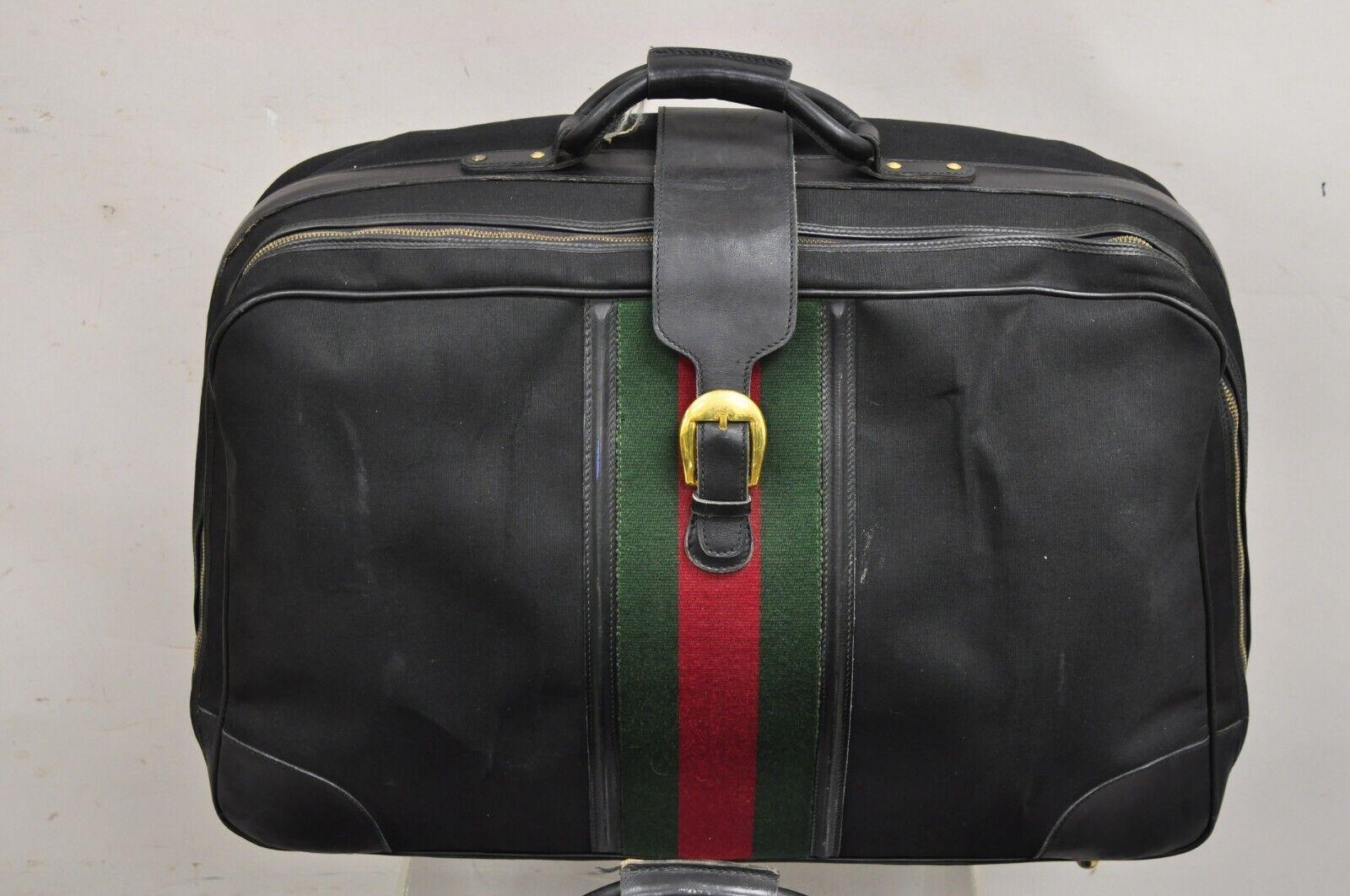 Vintage Gucci Black Canvas and Leather Suitcase Luggage His and Hers Set - 2 Pcs (A). Item featured is an original vintage Gucci luggage, one larger and one smaller suitcase, gold gilt 