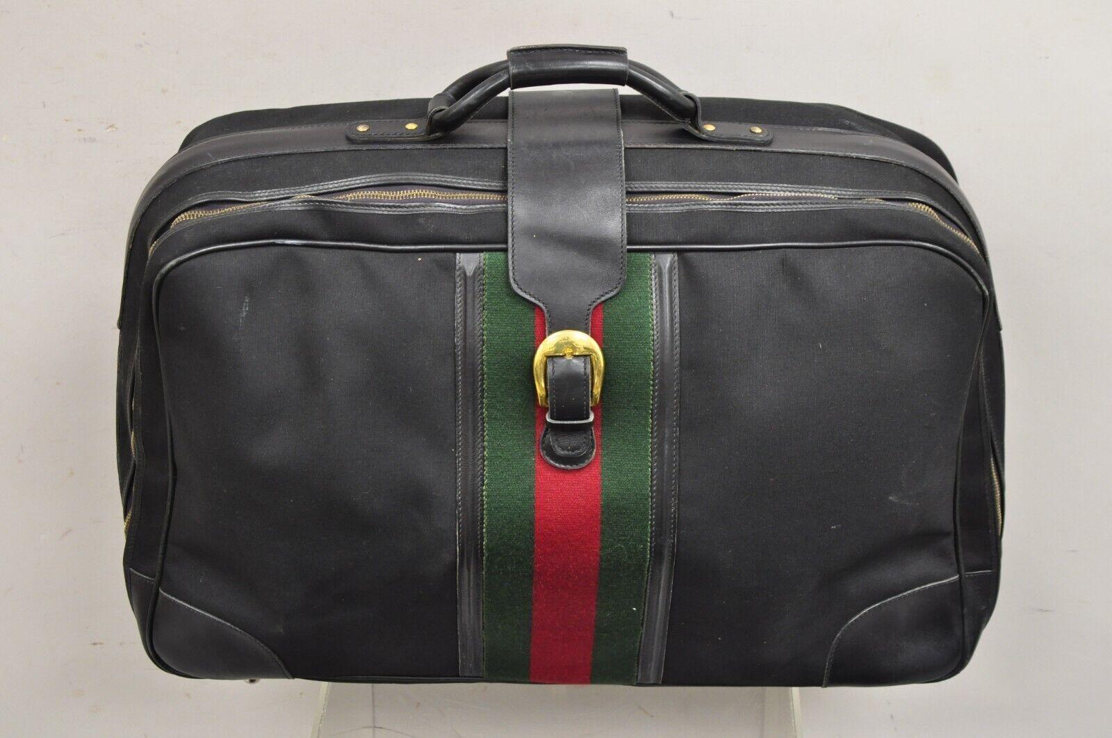 Vintage Gucci Black Canvas and Leather Suitcase Luggage His and Hers Set - 2 Pc Set (B.  Item featured is original vintage Gucci luggage, one larger and one smaller suitcase, gold gilt 