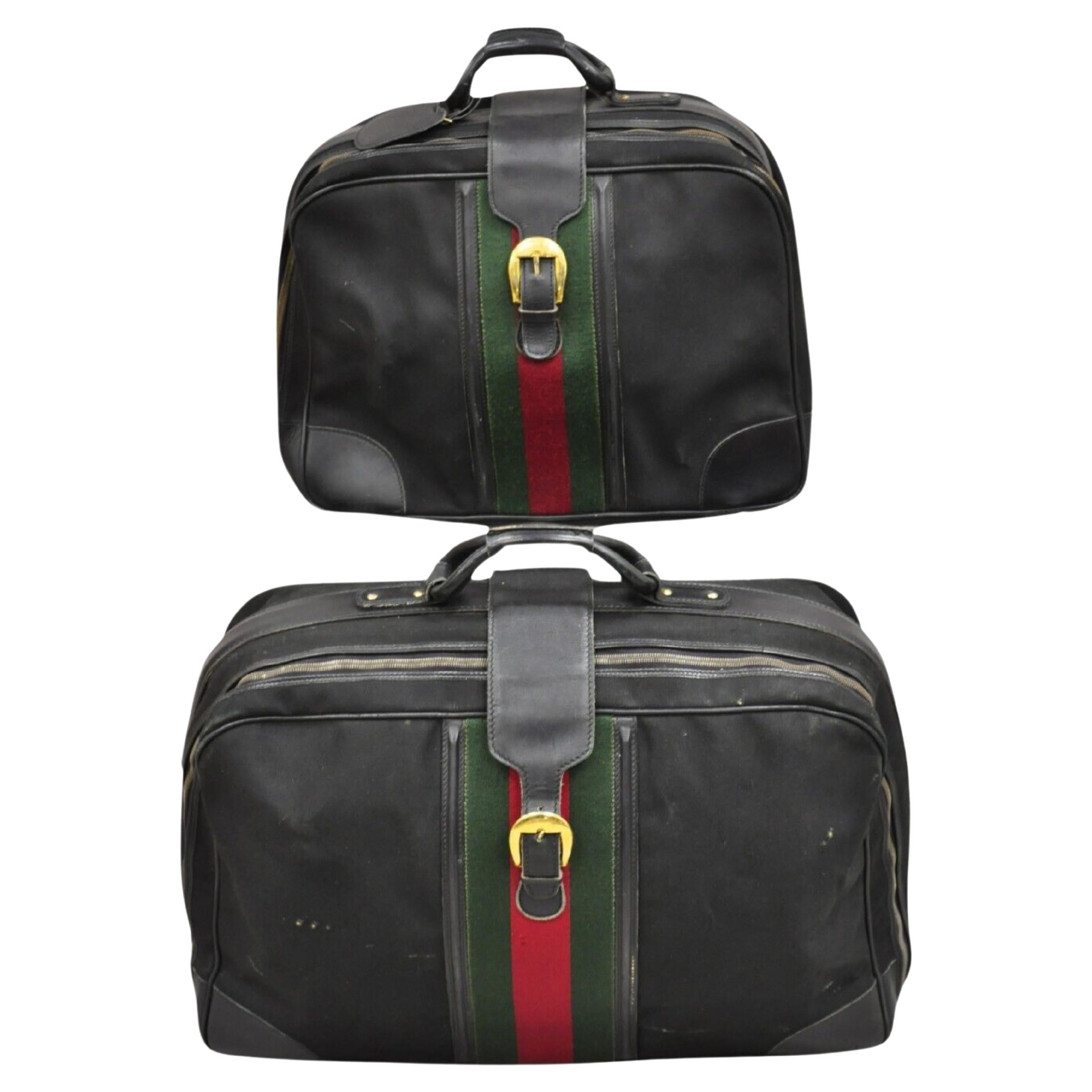 Vintage Gucci Black Canvas & Leather Suitcase Luggage Travel Bag Set - 2 Pcs For Sale