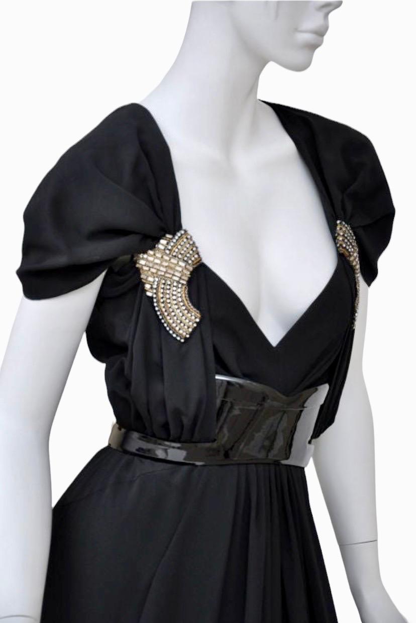 Women's Vintage Gucci Black Dress Gown with Patent Leather Belt and Crystals It 42  US 6