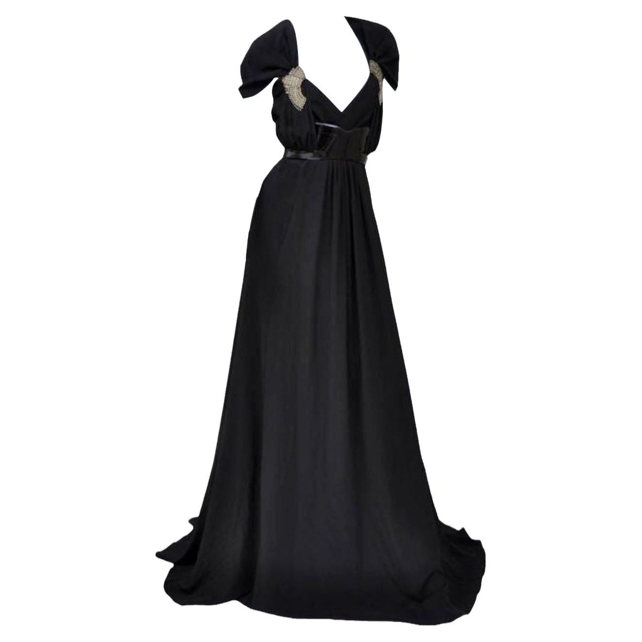 Vintage Gucci Black Dress Gown with Patent Leather Belt and Crystals It 42  US 6