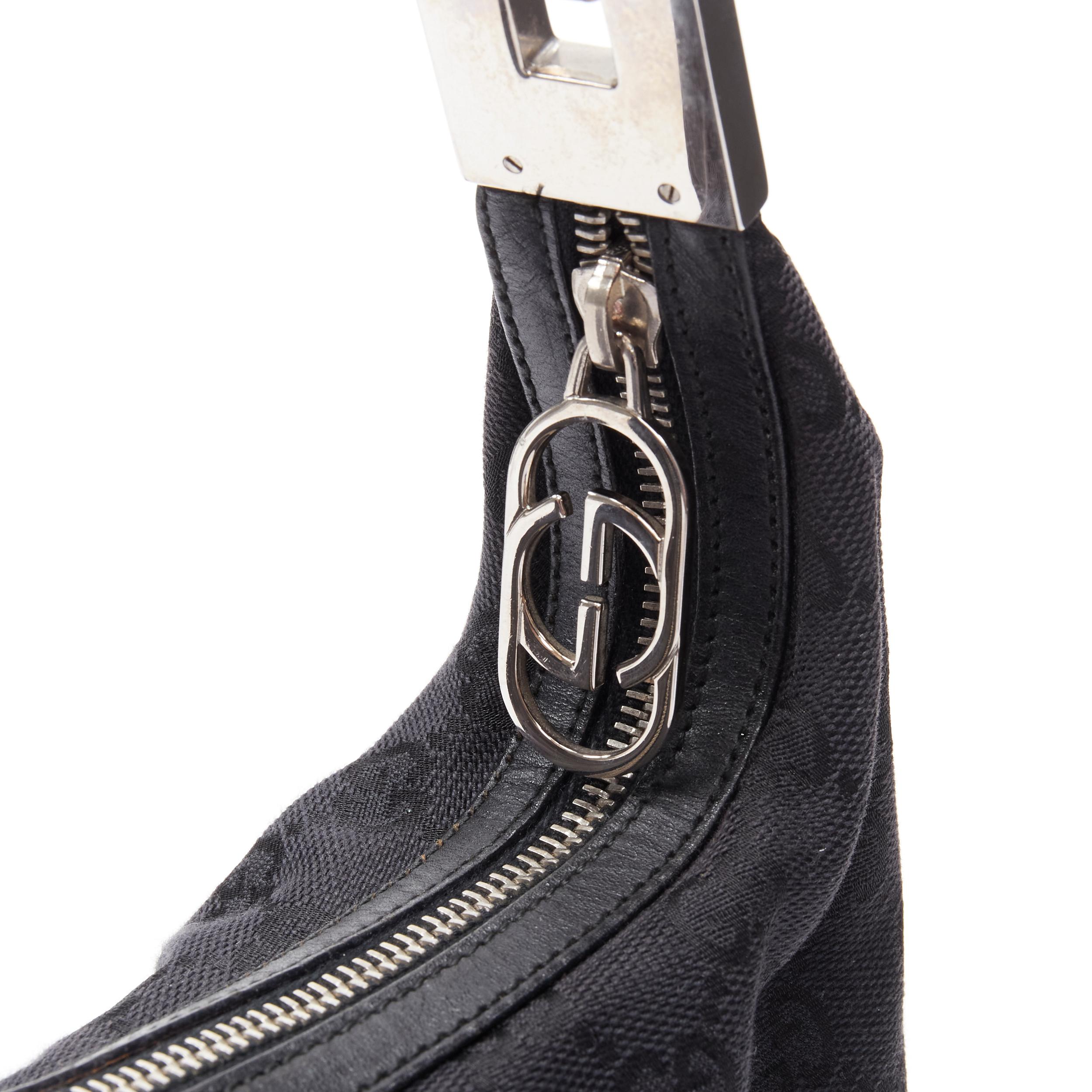Women's vintage GUCCI black GG monogram canvas leather trim silver wire shoulder hobo