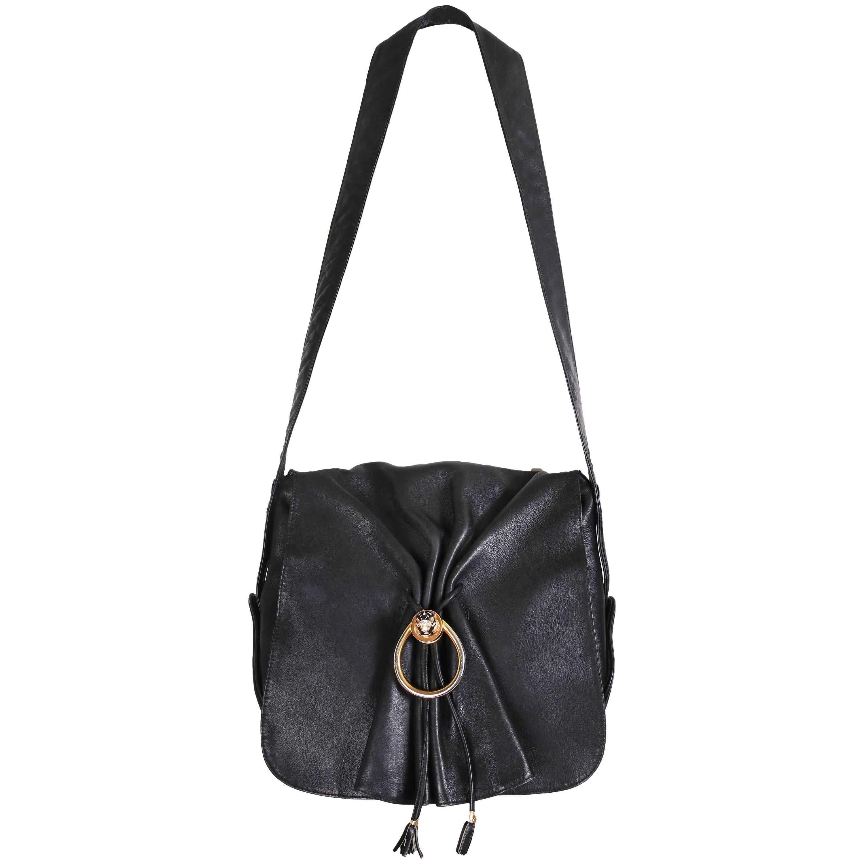 Vintage Gucci Black Leather Bag w/Flap Closure & Enamel Tiger Head Door Knocker