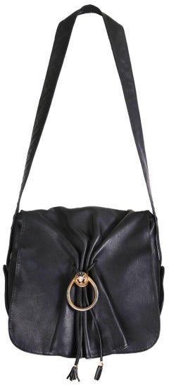 Vintage Gucci Sac en Cuir Noir avec Fermeture à Rabat & Bouton de Porte en Email avec Tête de Tigre