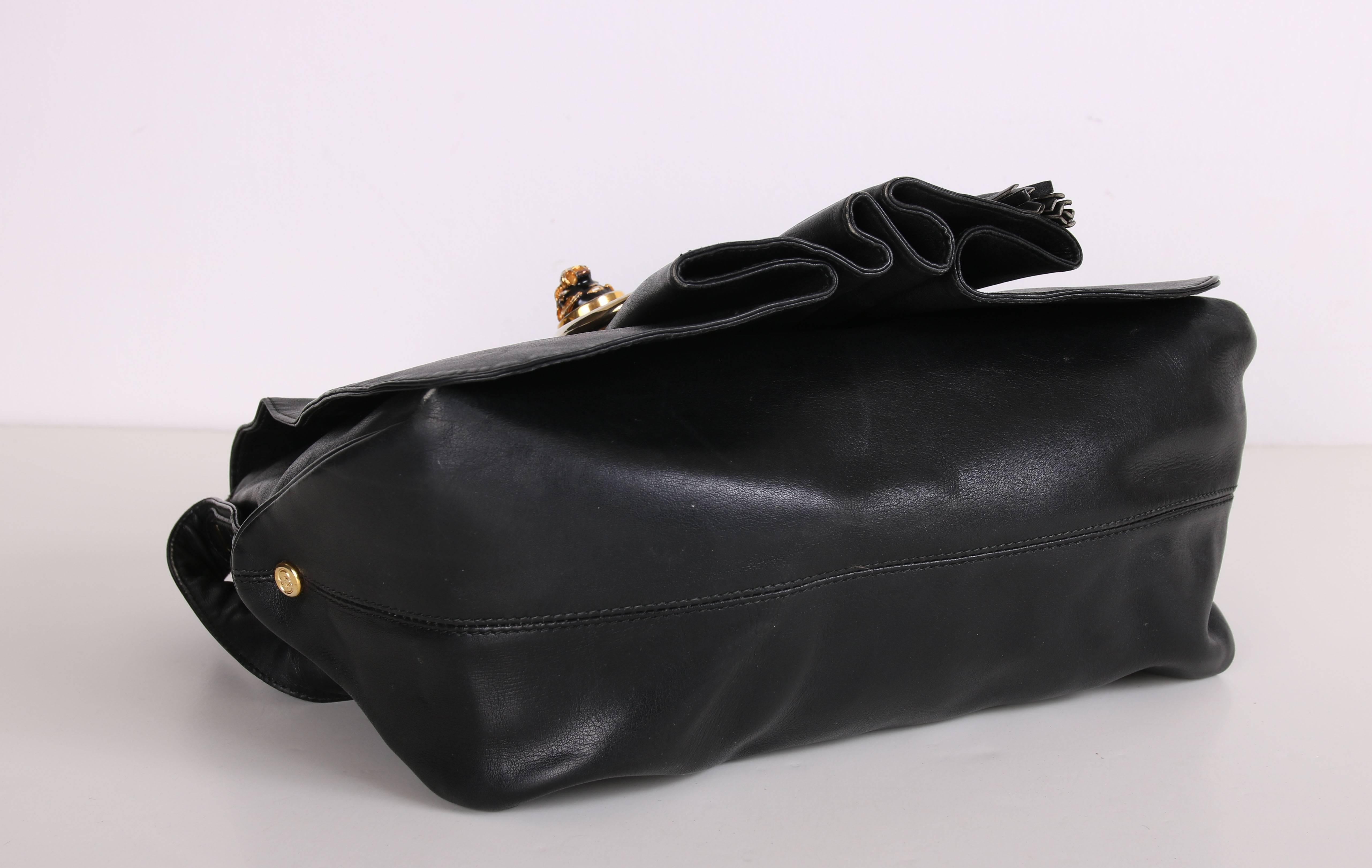 Women's Vintage Gucci Black Leather Bag w/Flap Closure & Enamel Tiger Head Door Knocker 