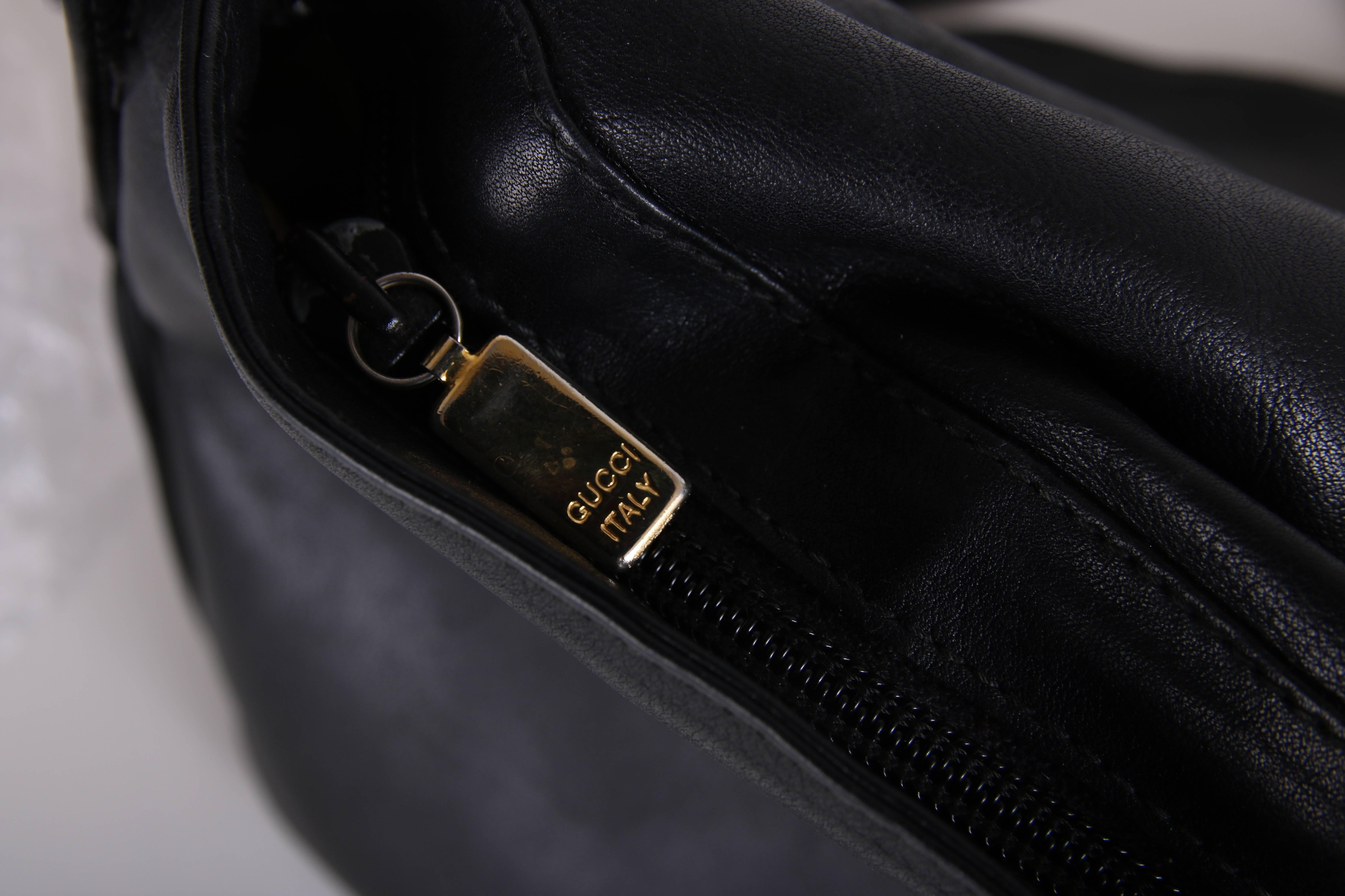 Vintage Gucci Black Leather Bag w/Flap Closure & Enamel Tiger Head Door Knocker  1