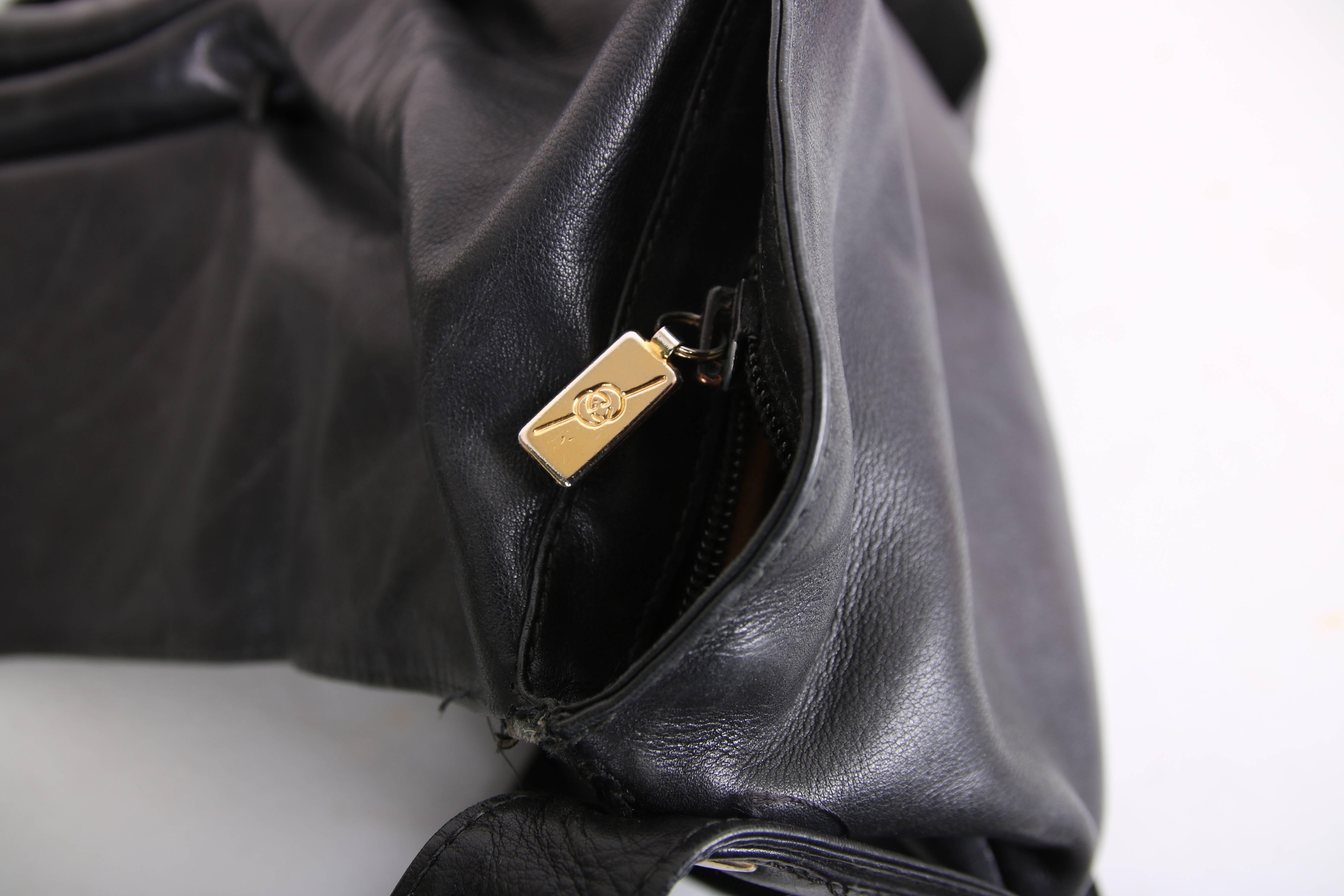 Vintage Gucci Black Leather Bag w/Flap Closure & Enamel Tiger Head Door Knocker  2