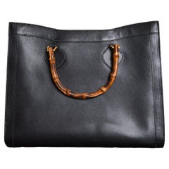 Extra große Diana XL Vintage Gucci Tote Bag aus schwarzem Leder und Bambus mit Griff aus Bambus